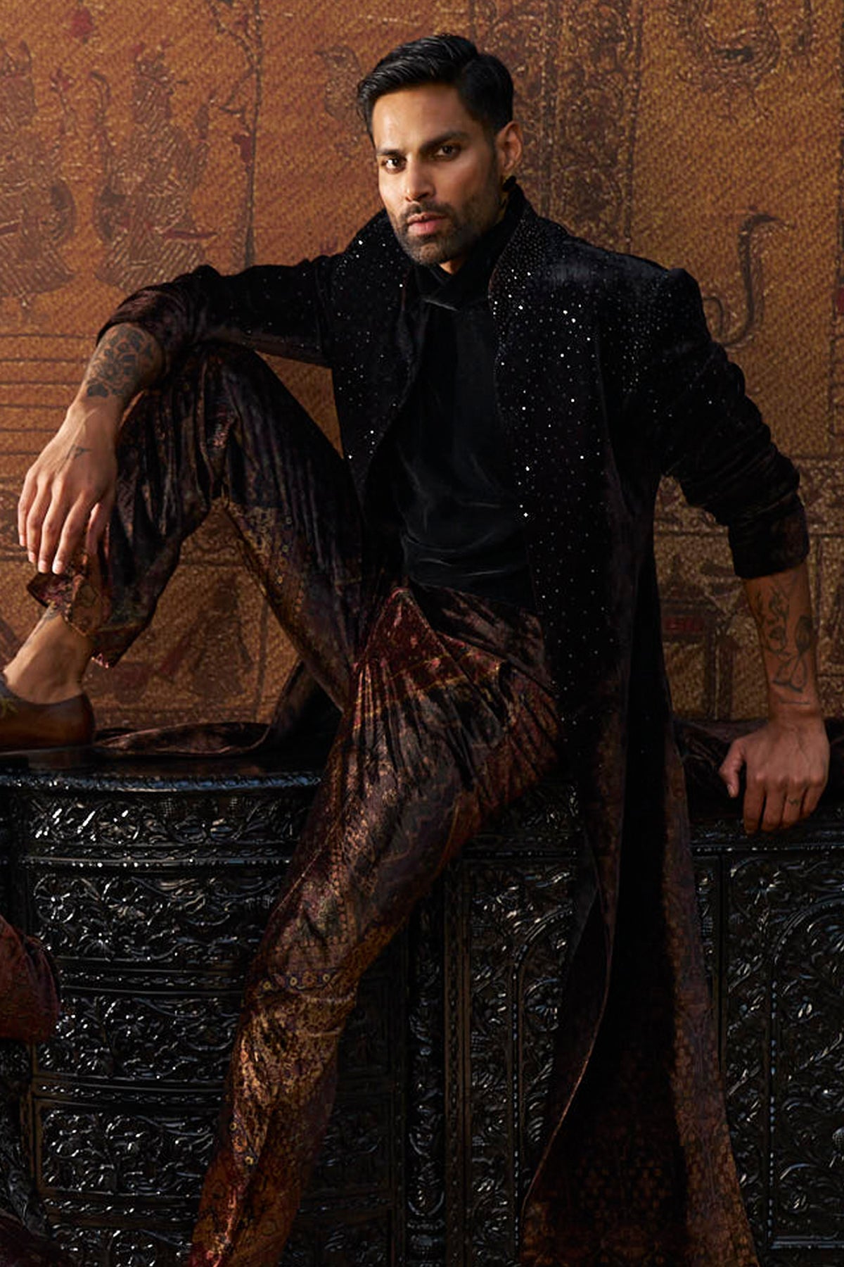 Printed Velvet Sherwani Set
