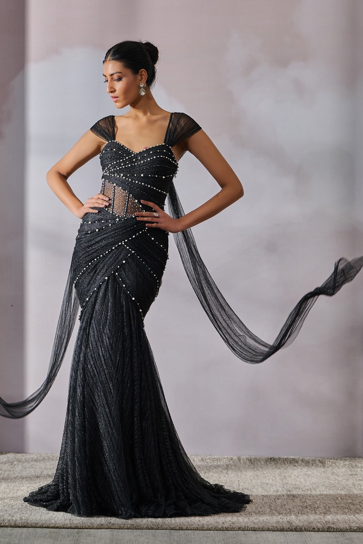 designer dresses tarun tahiliani Black Crinkle Net Beaded Fluted Gown Design by Tarun Tahiliani at Pernia's Pop Up Shop 2026