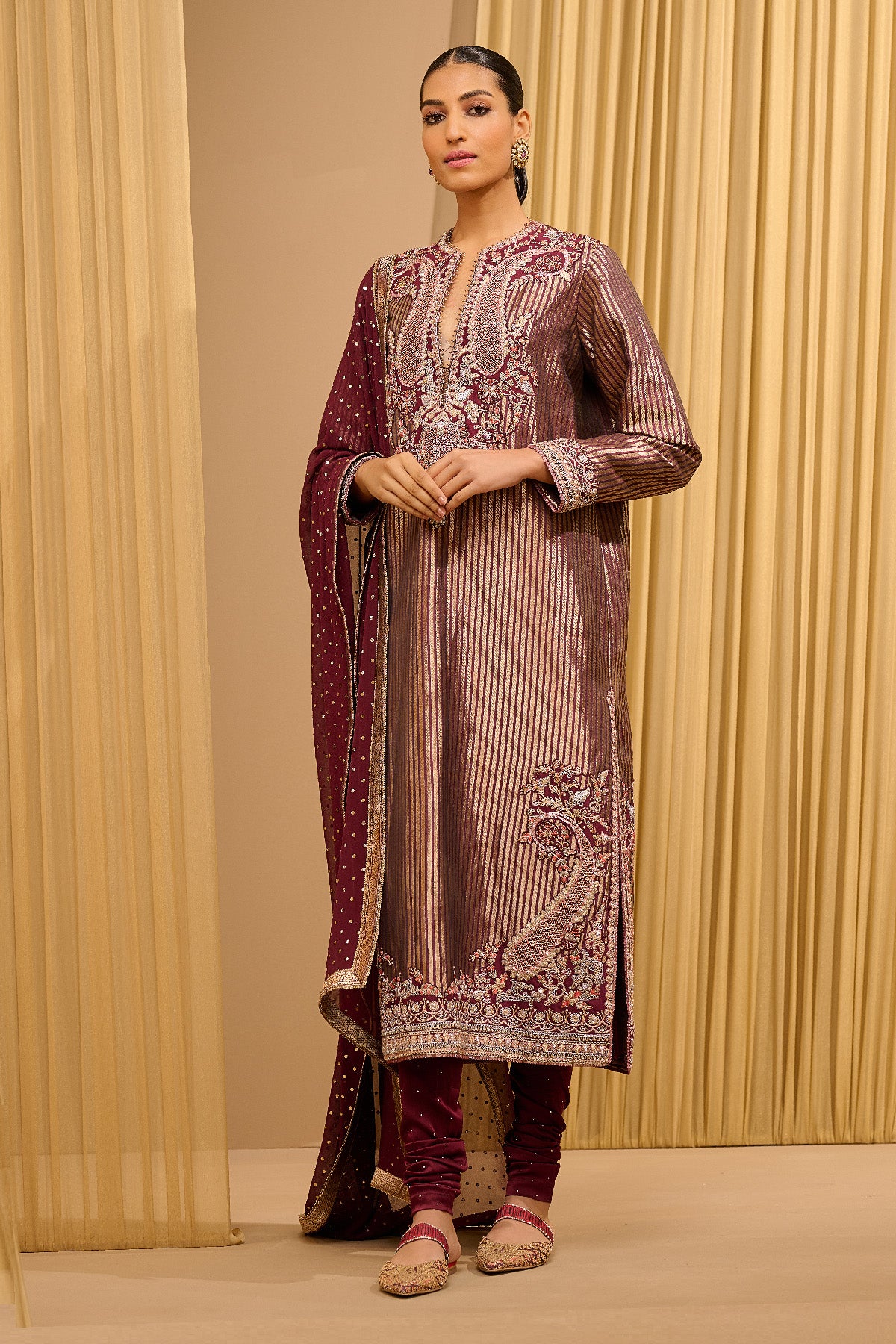 Hand Embroidered Brocade Kurta With Dupatta & Churidar