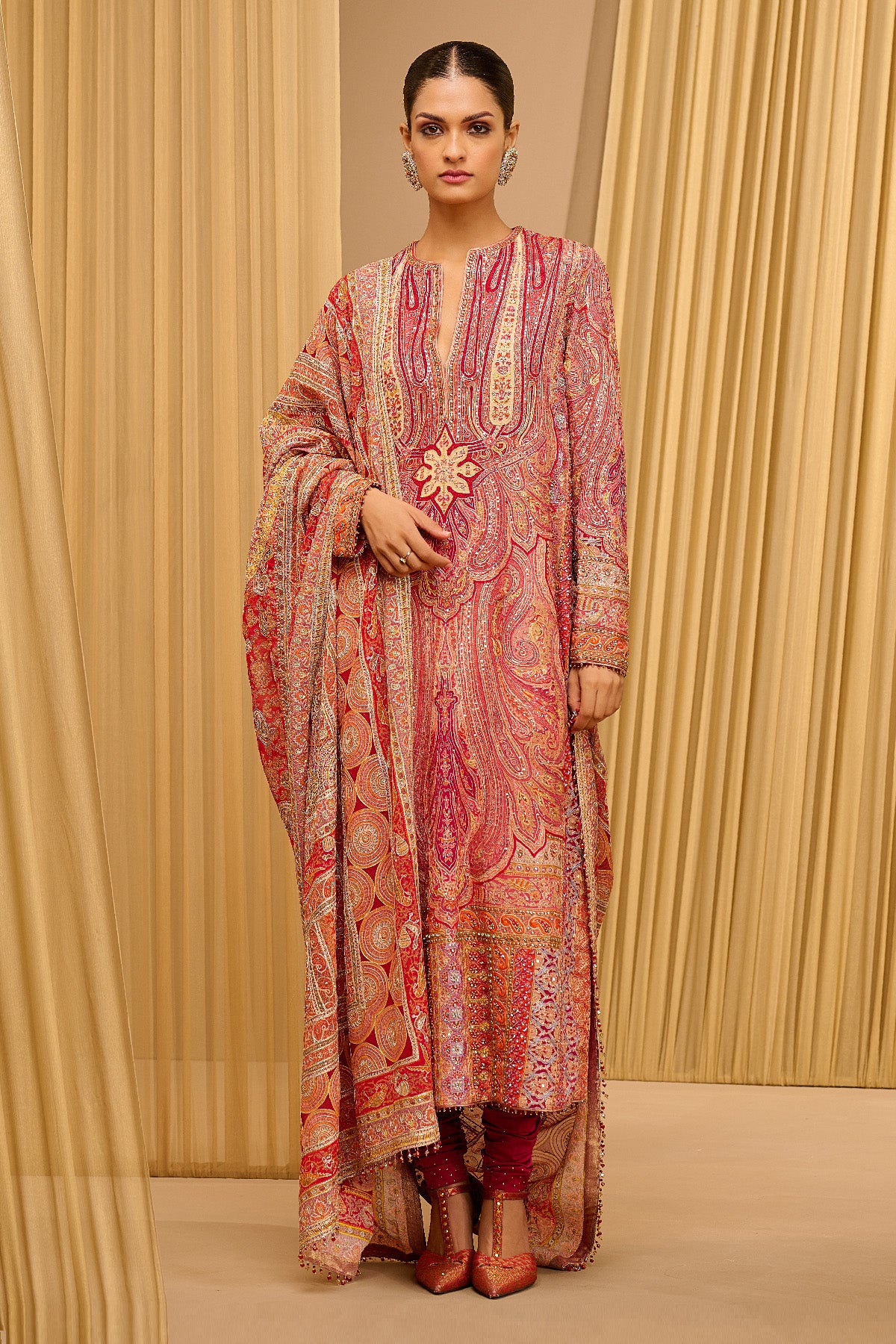 Hand Embroidered Kashida Paisley Kurta Churidar Set