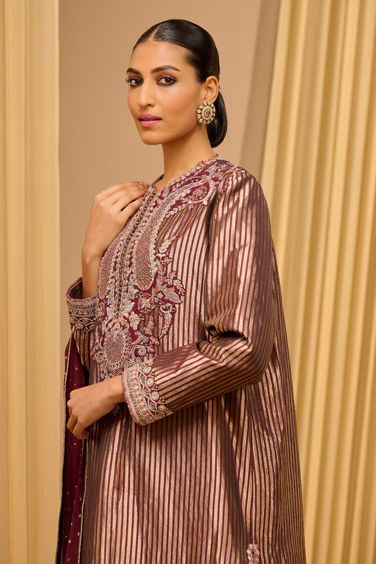 Hand Embroidered Brocade Kurta With Dupatta & Churidar