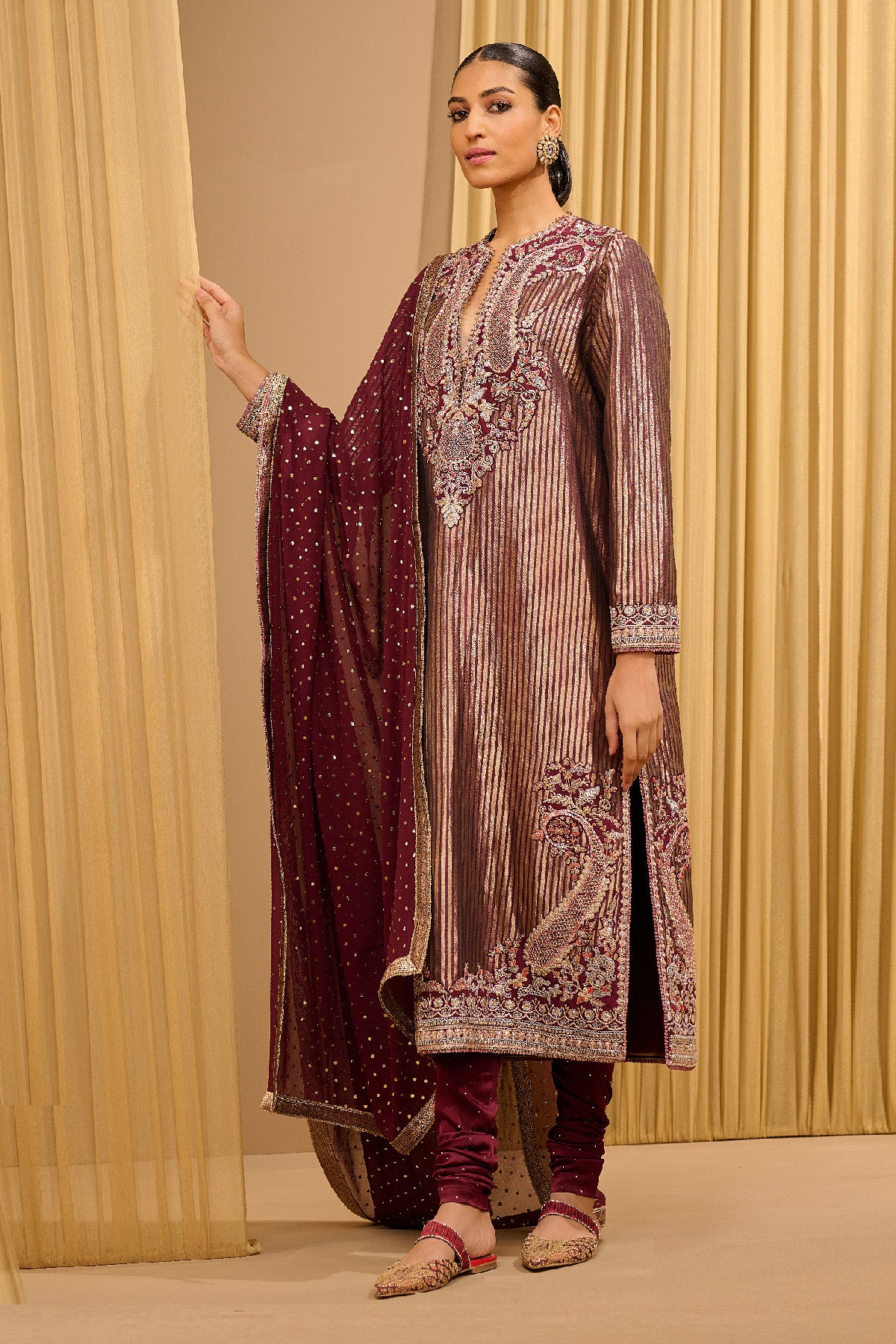 Hand Embroidered Brocade Kurta With Dupatta & Churidar