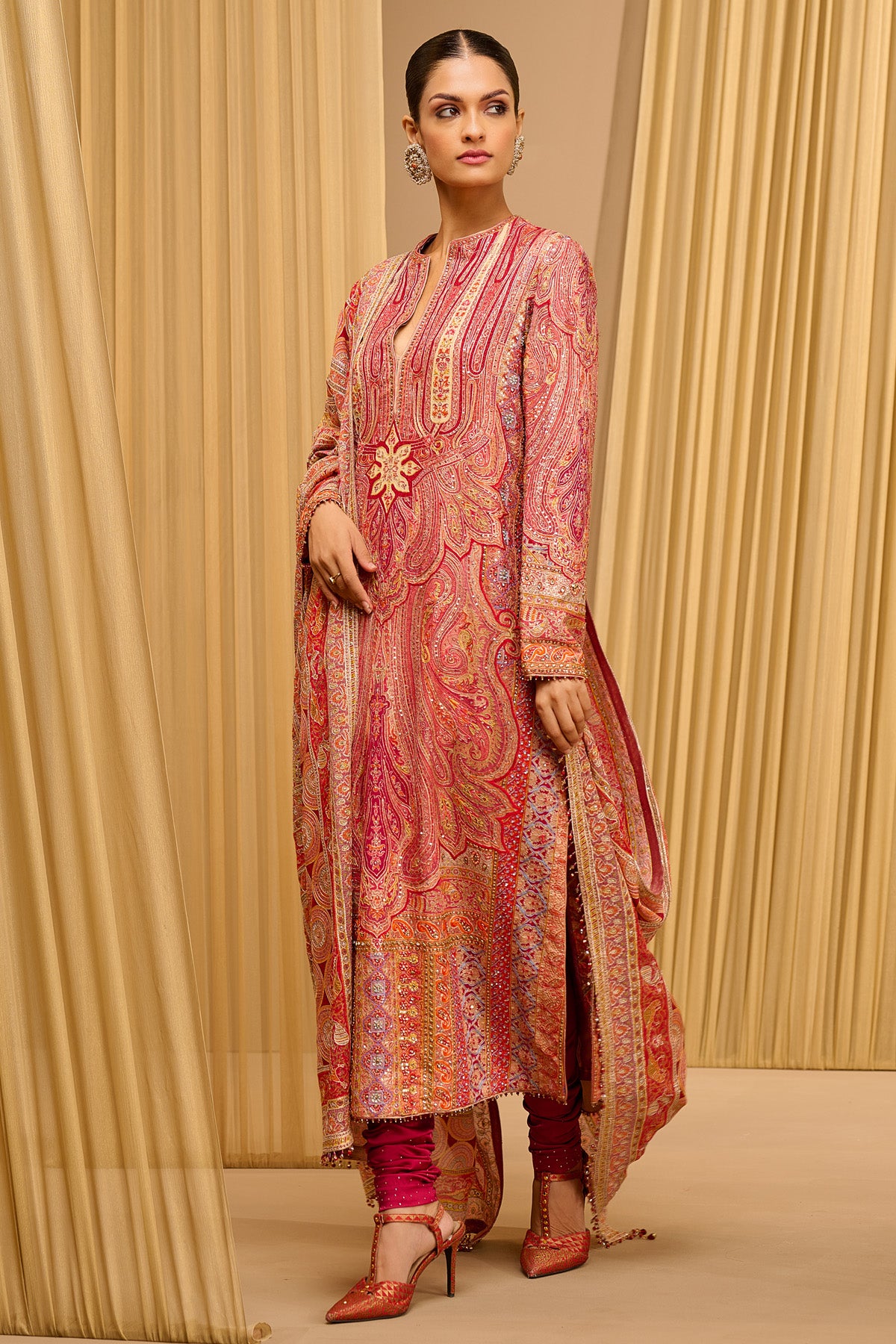 Hand Embroidered Kashida Paisley Kurta Churidar Set