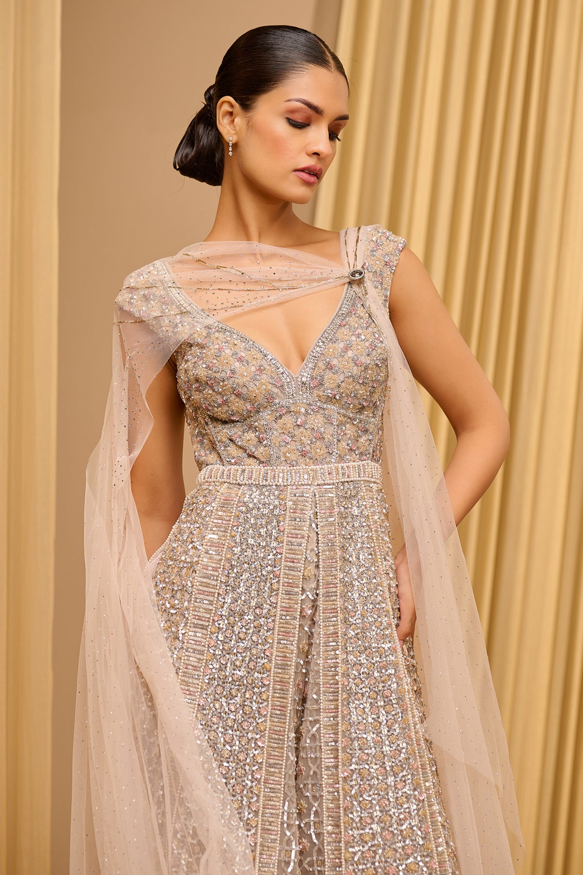 Crystal Embellished Jumpsuit With Cape