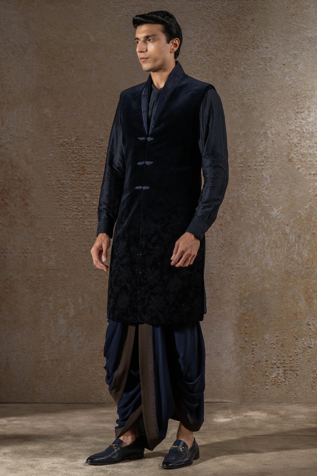 Floral Etched Sleeveless Sherwani Set