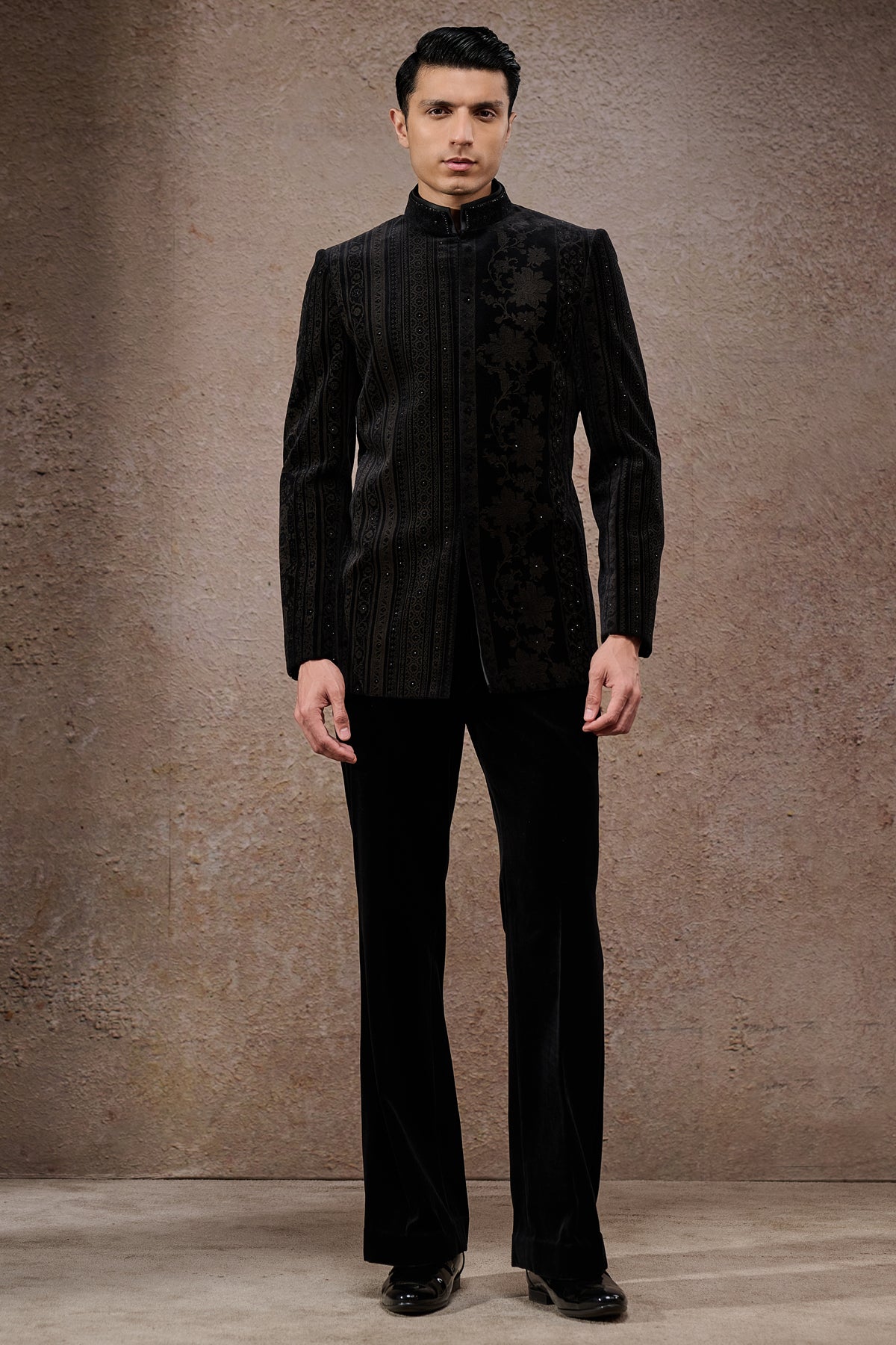 Floral & Stripe Etched Bandhgala Set