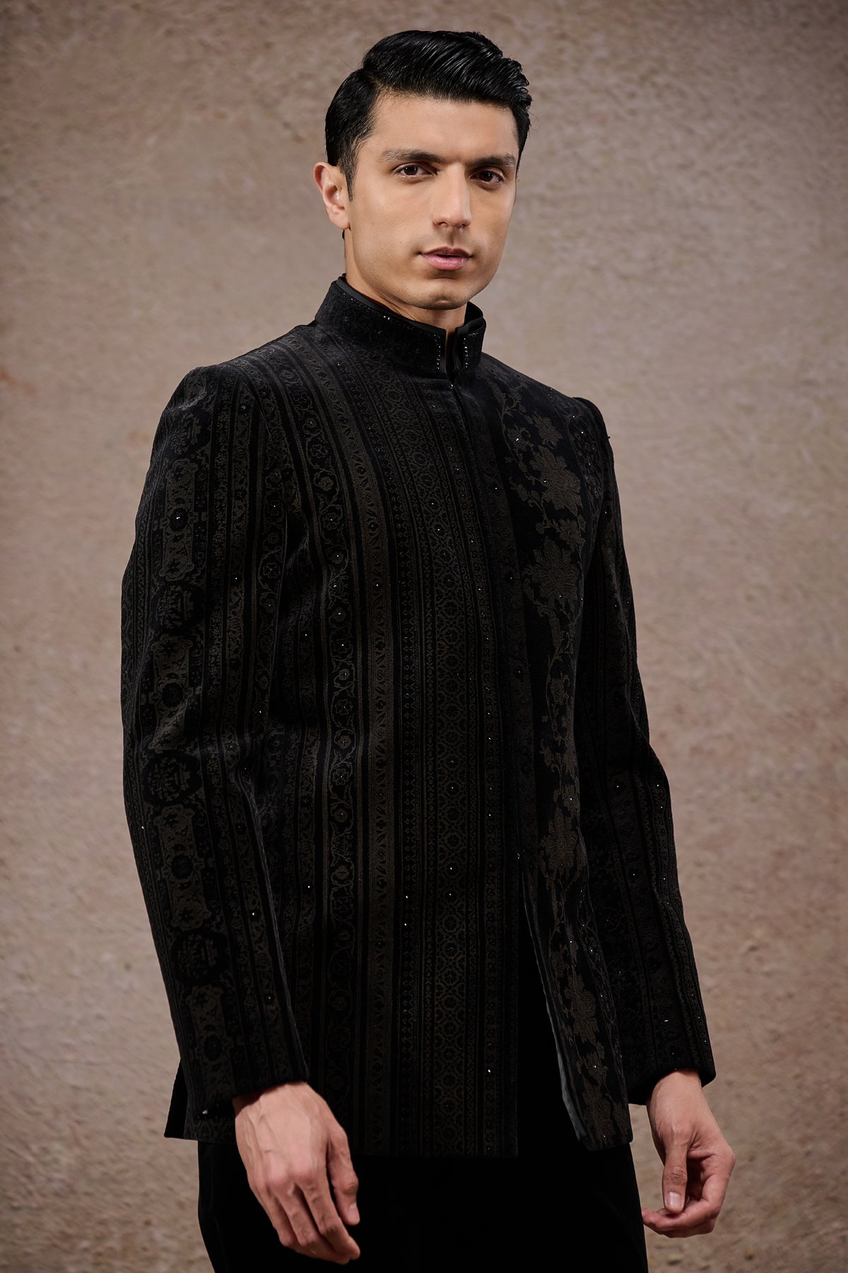 Floral & Stripe Etched Bandhgala Set