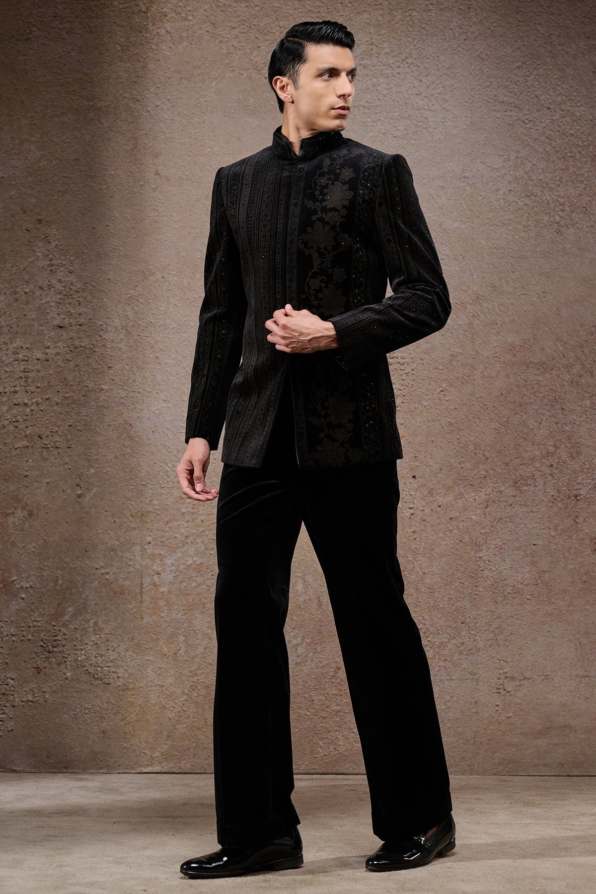 Floral & Stripe Etched Bandhgala Set