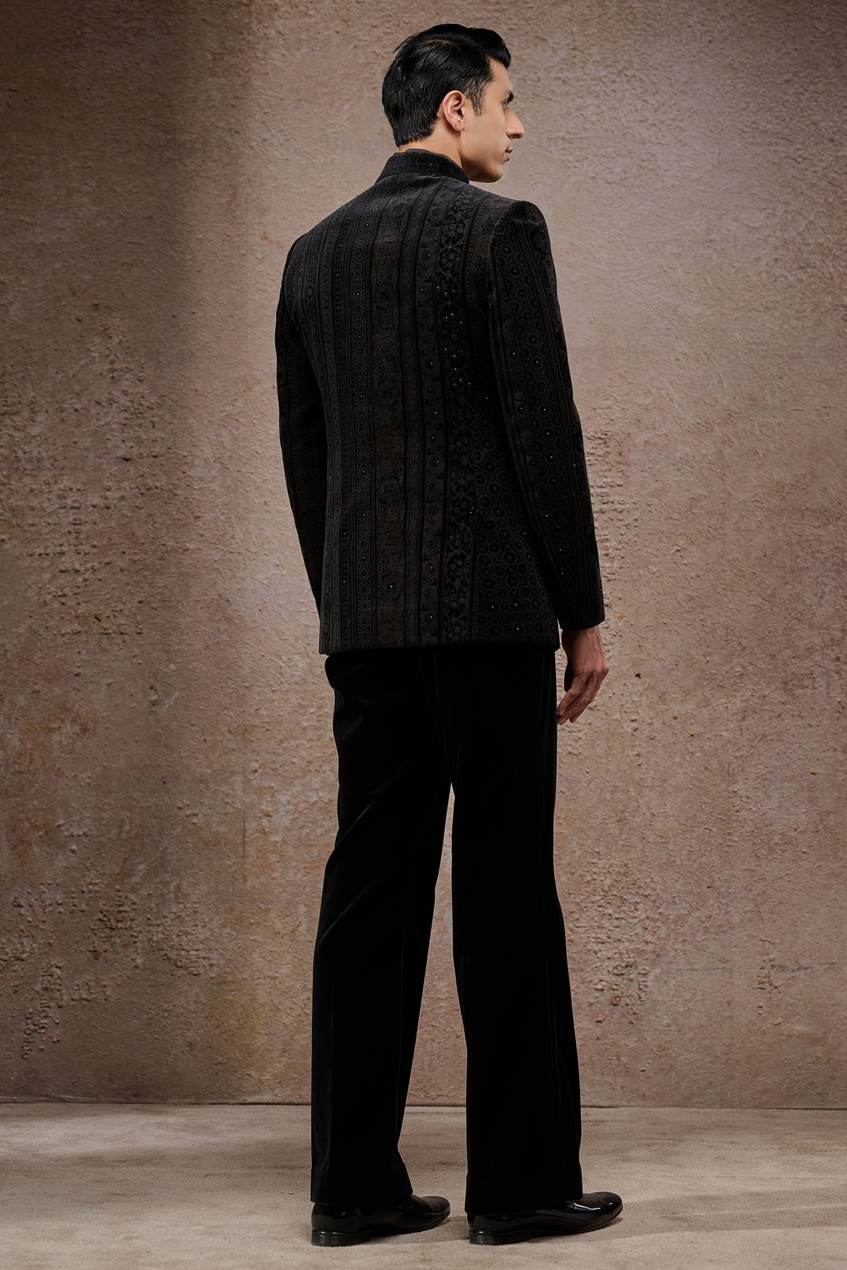 Floral & Stripe Etched Bandhgala Set