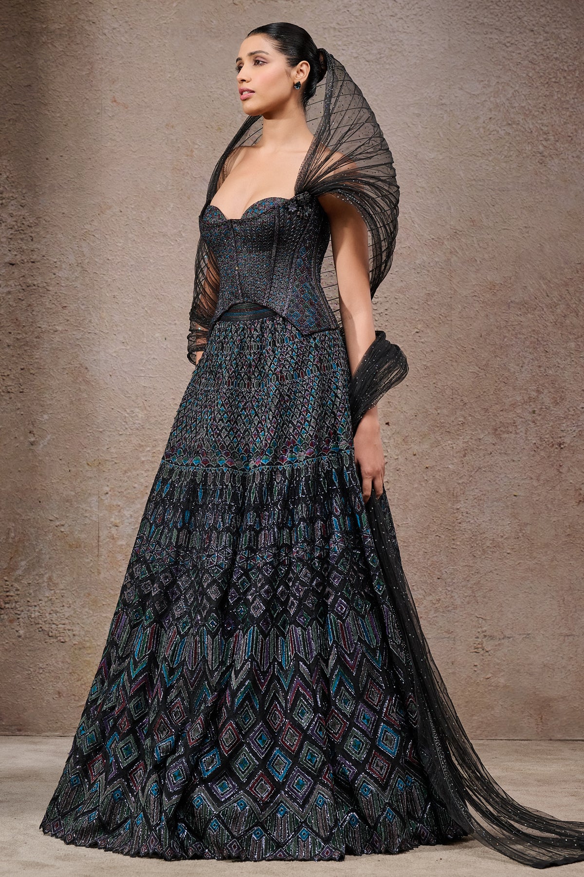 Mosaic Lehenga With Corset And Drape