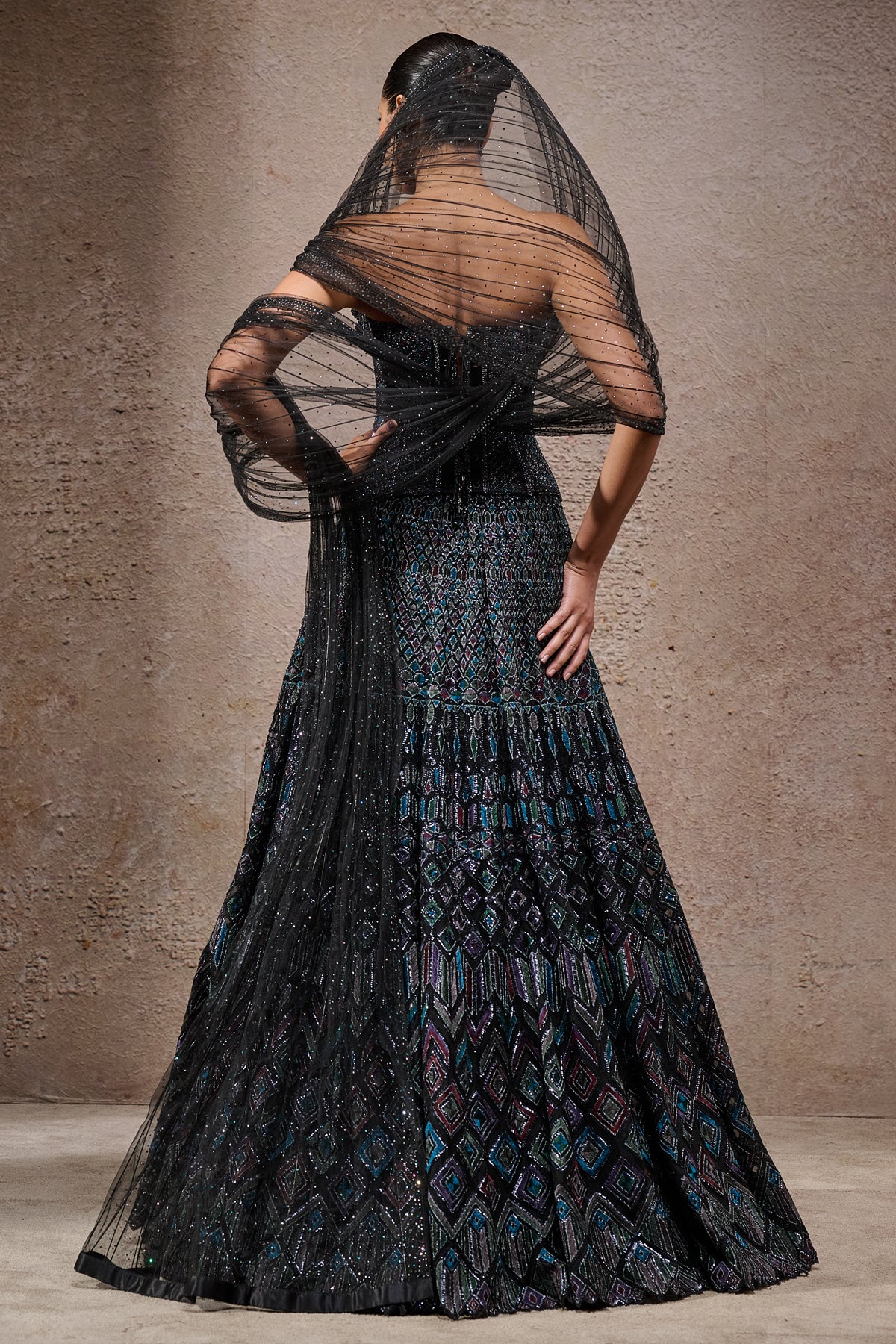 Golden Light Mosaic Lehenga With Corset And Drape