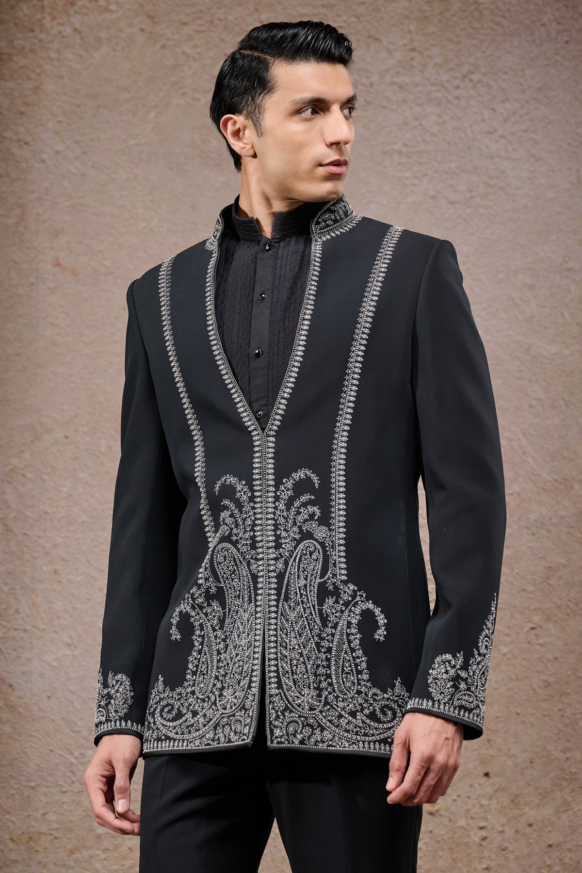 Golden Light Pearl Embroidered Paisley Bandhgala Set