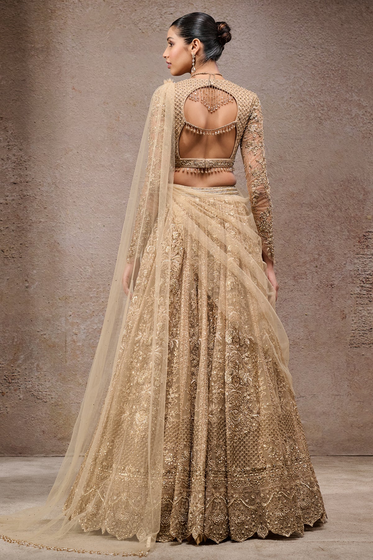 Golden Light Mughal Embroidered Lehenga With Drape