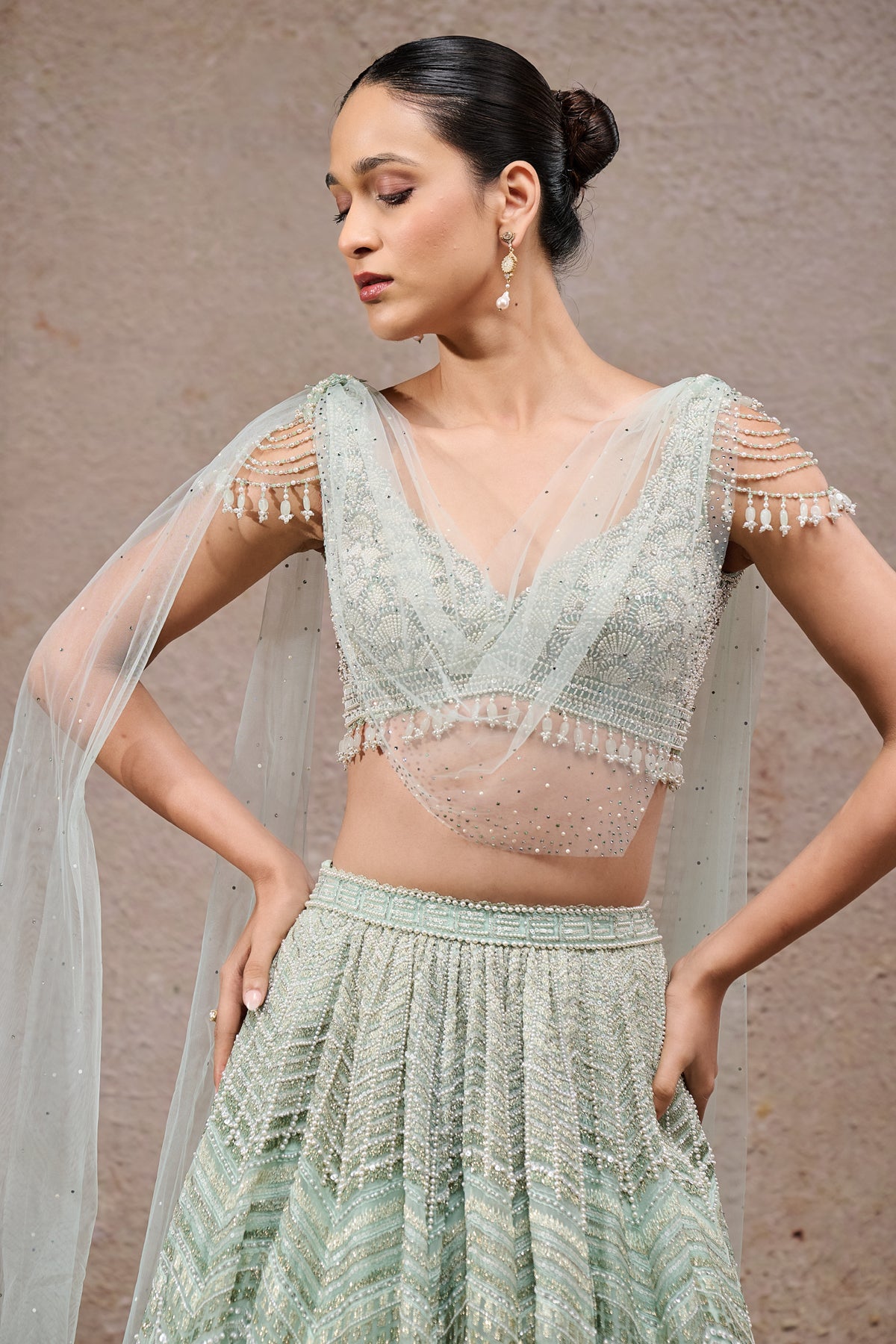 Golden Light Geometric Embroidered Lehenga With Drape