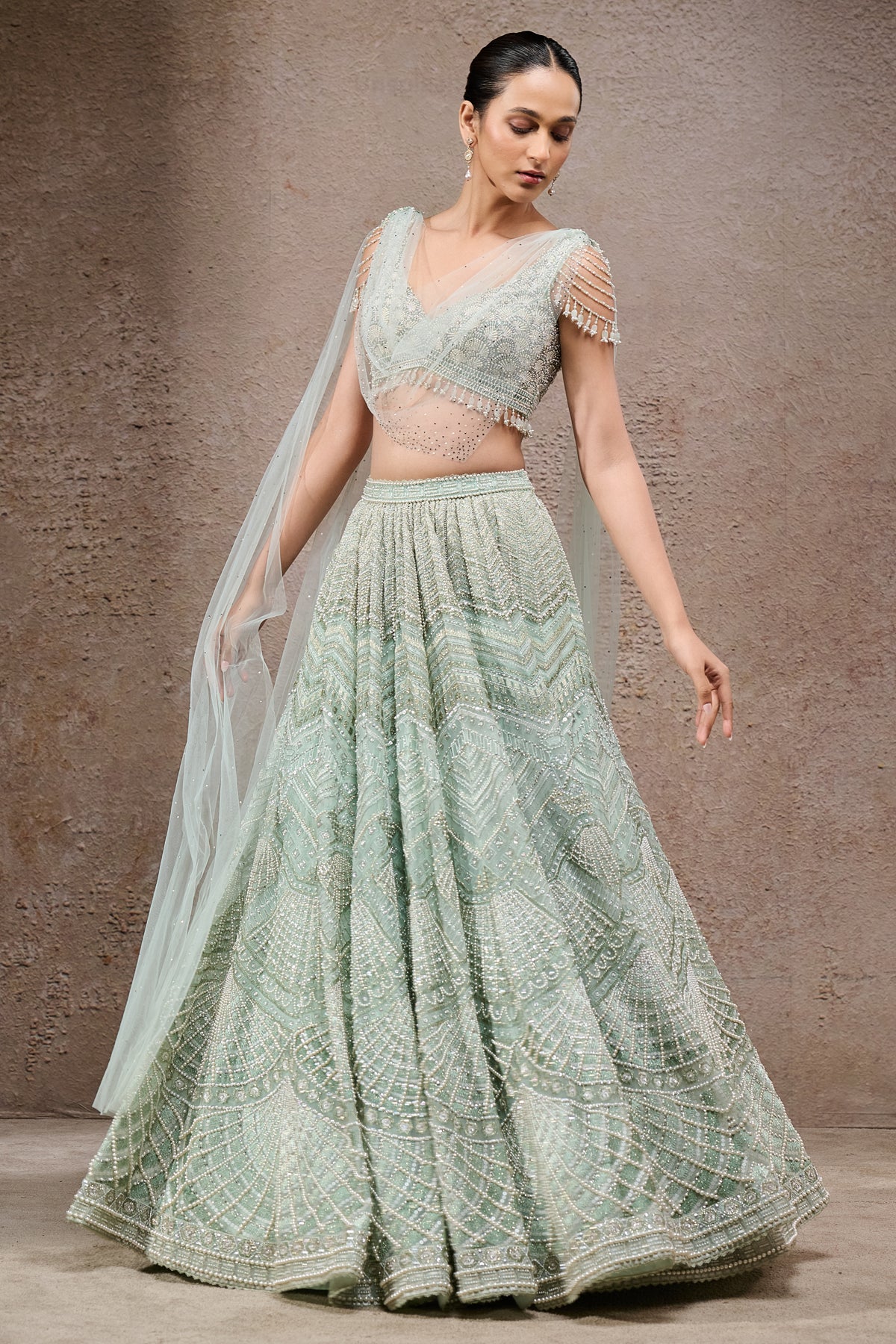 Golden Light Geometric Embroidered Lehenga With Drape