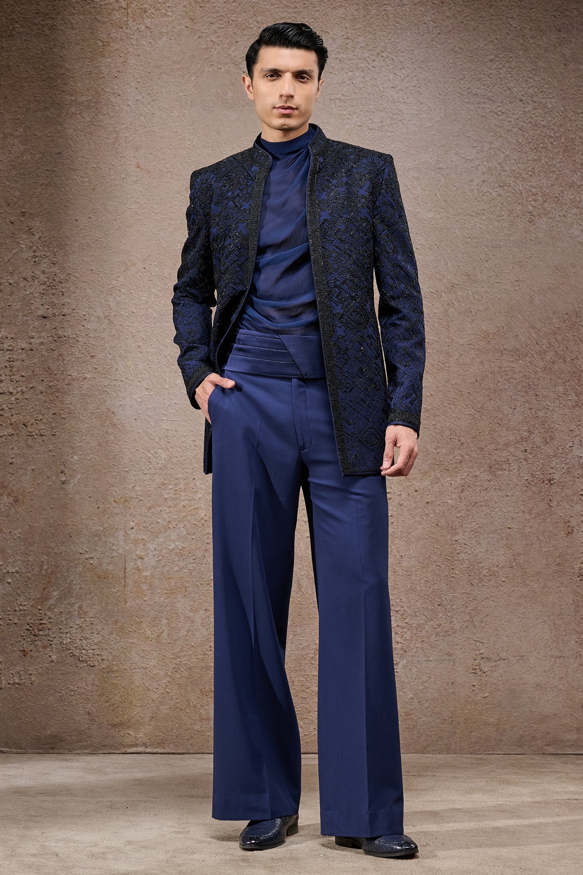 Golden Light Abstract Embroidered Tonal Bandhgala Set