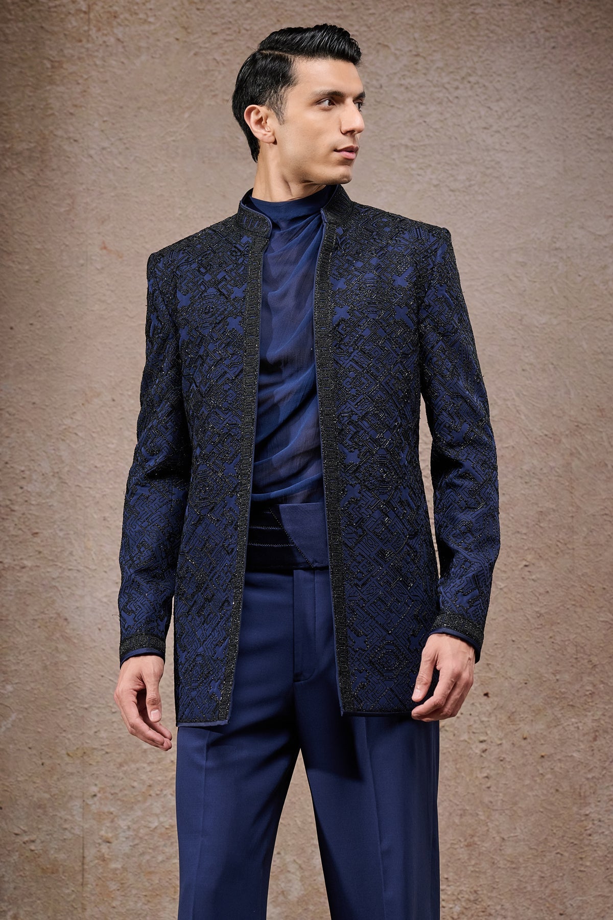 Golden Light Abstract Embroidered Tonal Bandhgala Set