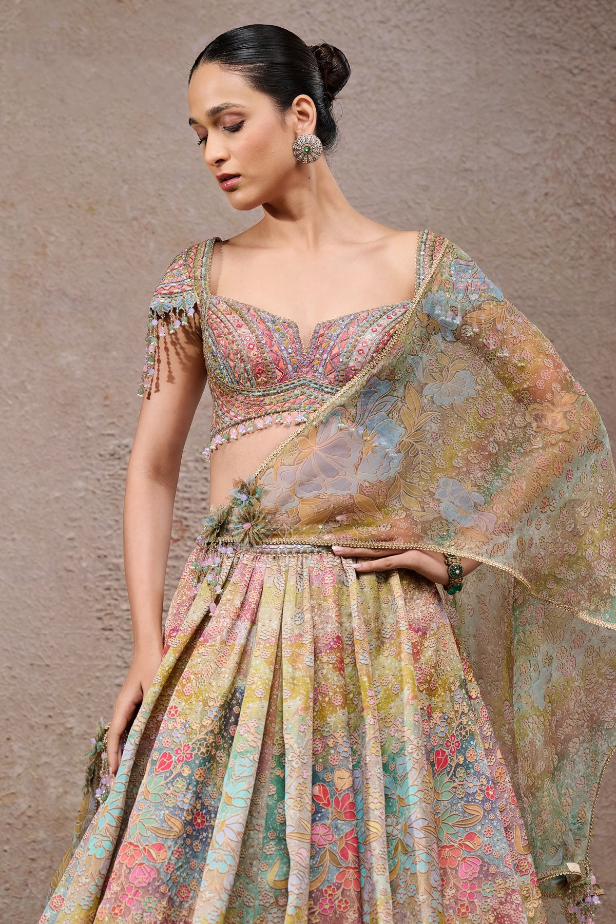 Golden Light Floral Printed Lehenga With Scarf