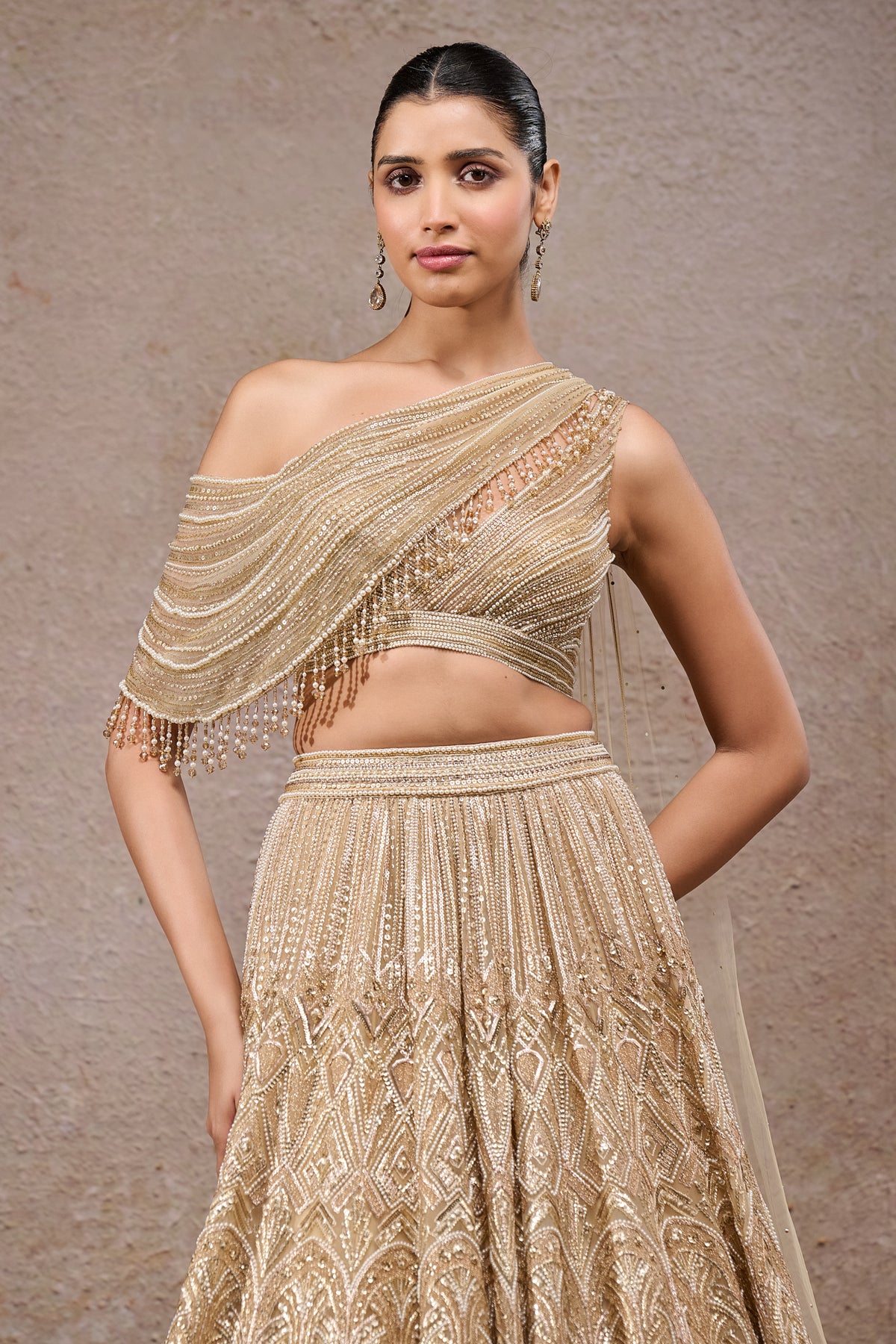 Golden Light Pearl And Sequin Hand Embroidered Lehenga