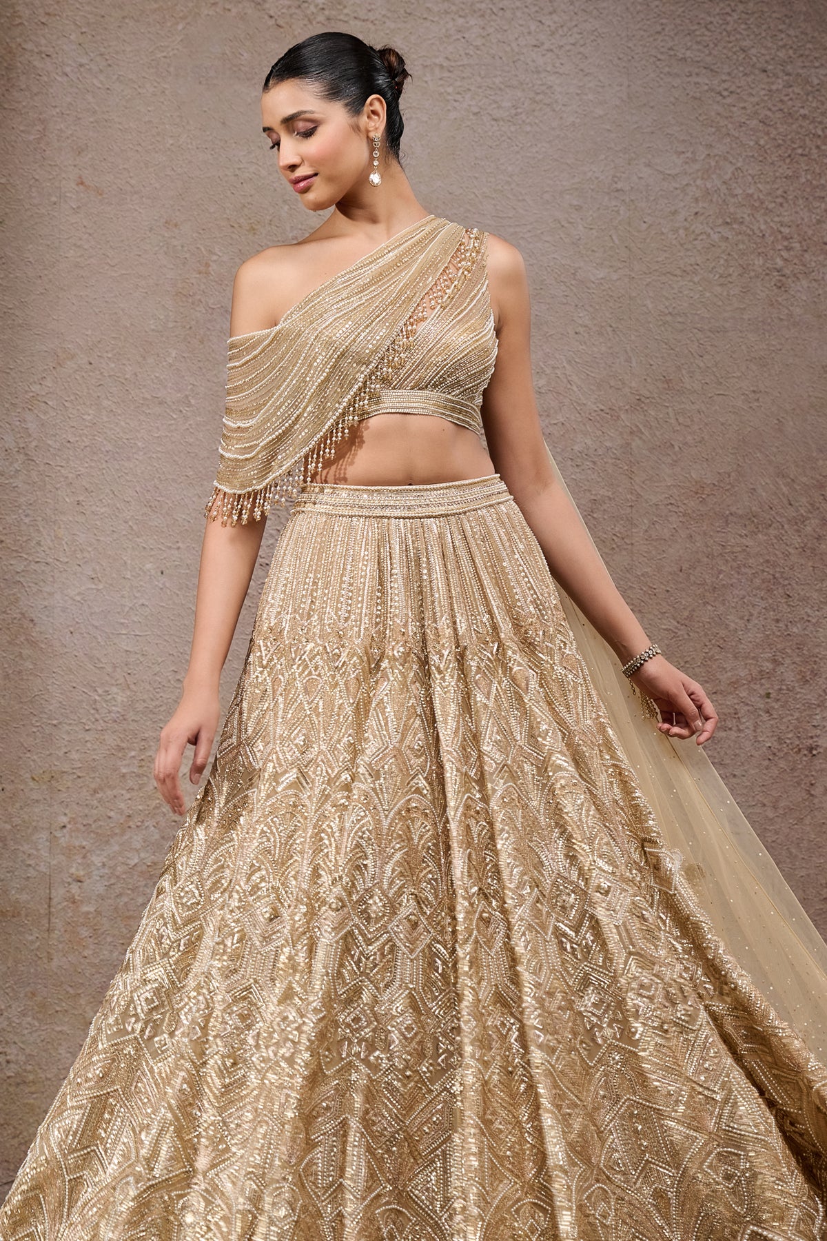 Golden Light Pearl And Sequin Hand Embroidered Lehenga