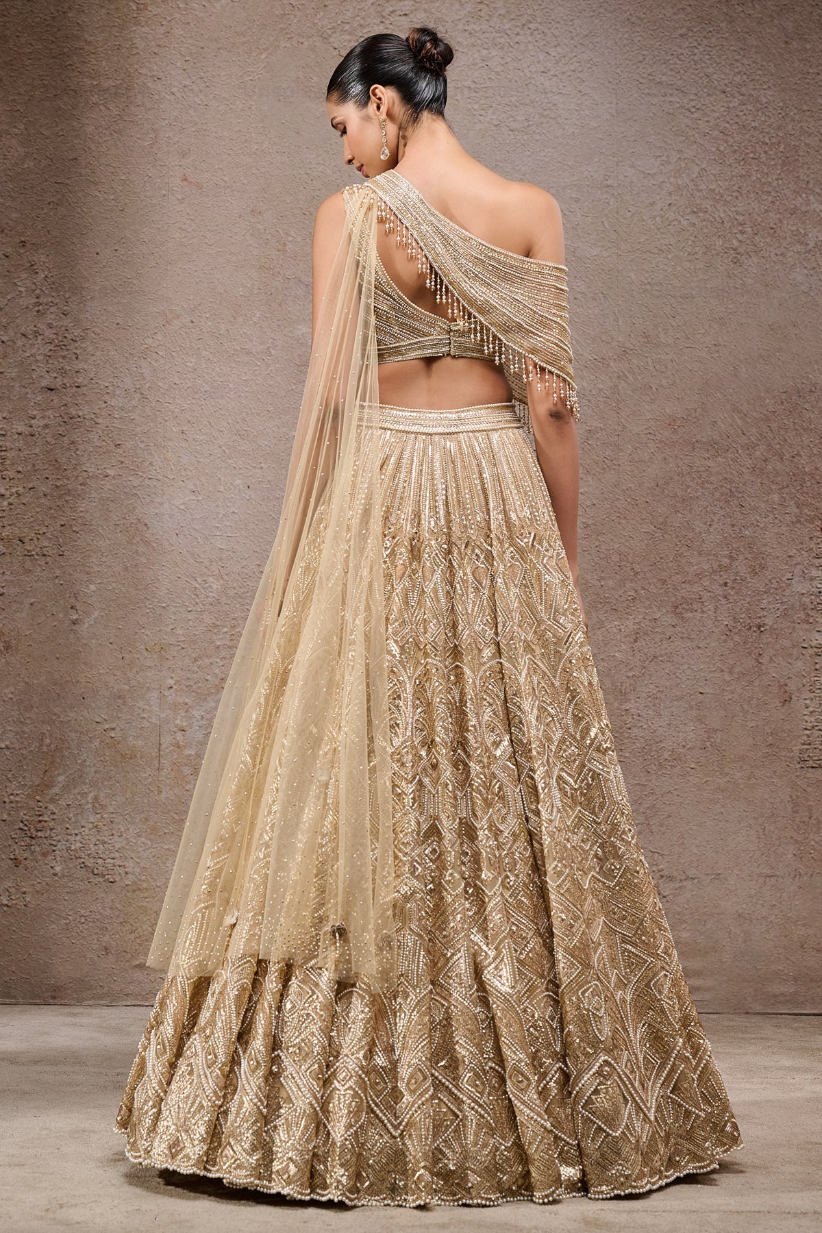 Golden Light Pearl And Sequin Hand Embroidered Lehenga