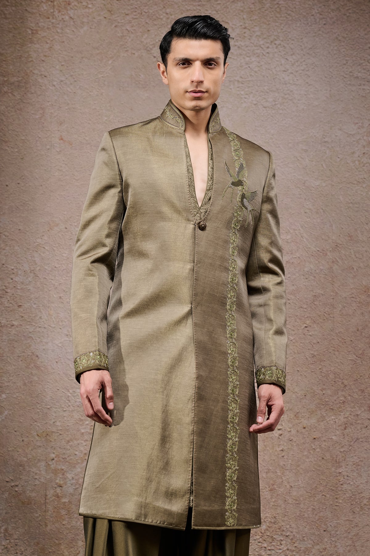 Zardozi Embroidered Open Neck Sherwani Set