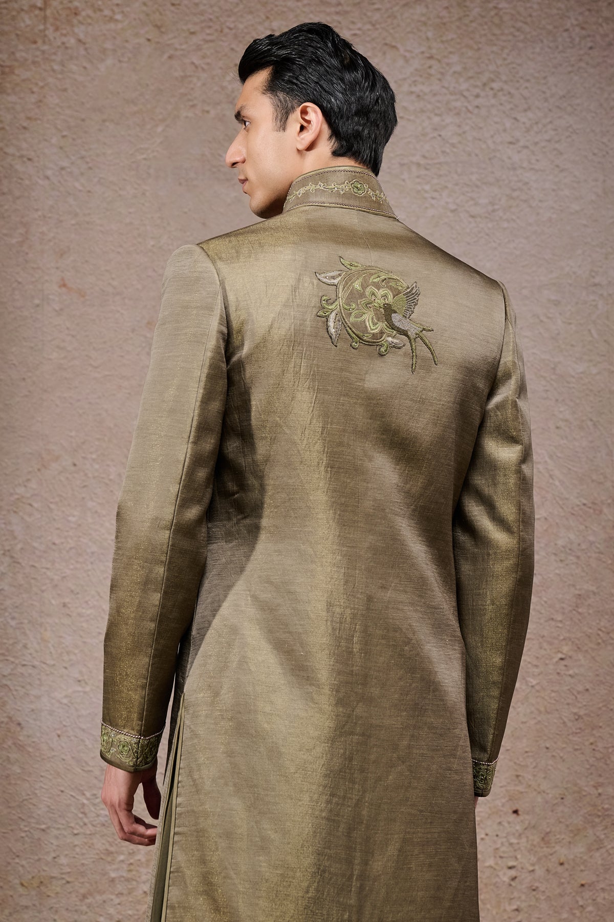 Zardozi Embroidered Open Neck Sherwani Set