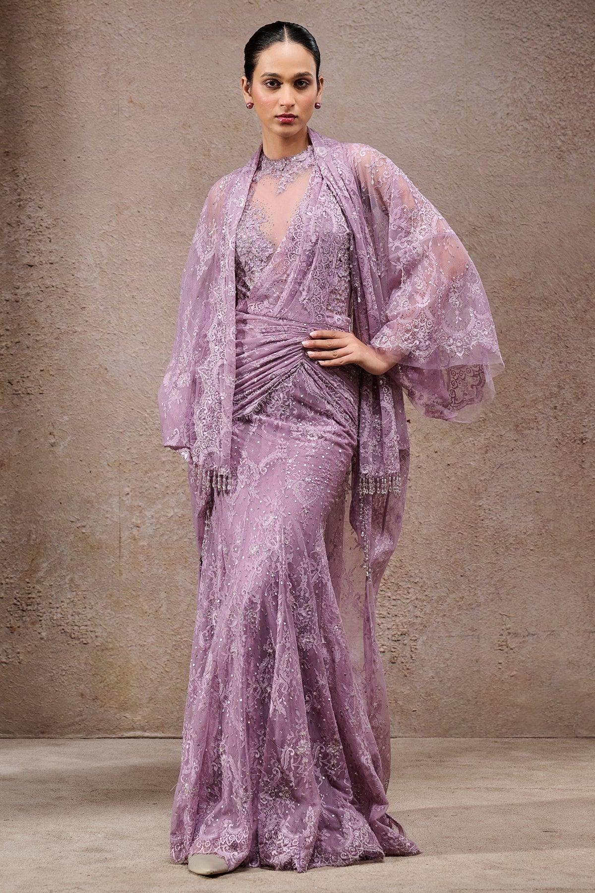 Golden Light Lace Concept Saree With Cape