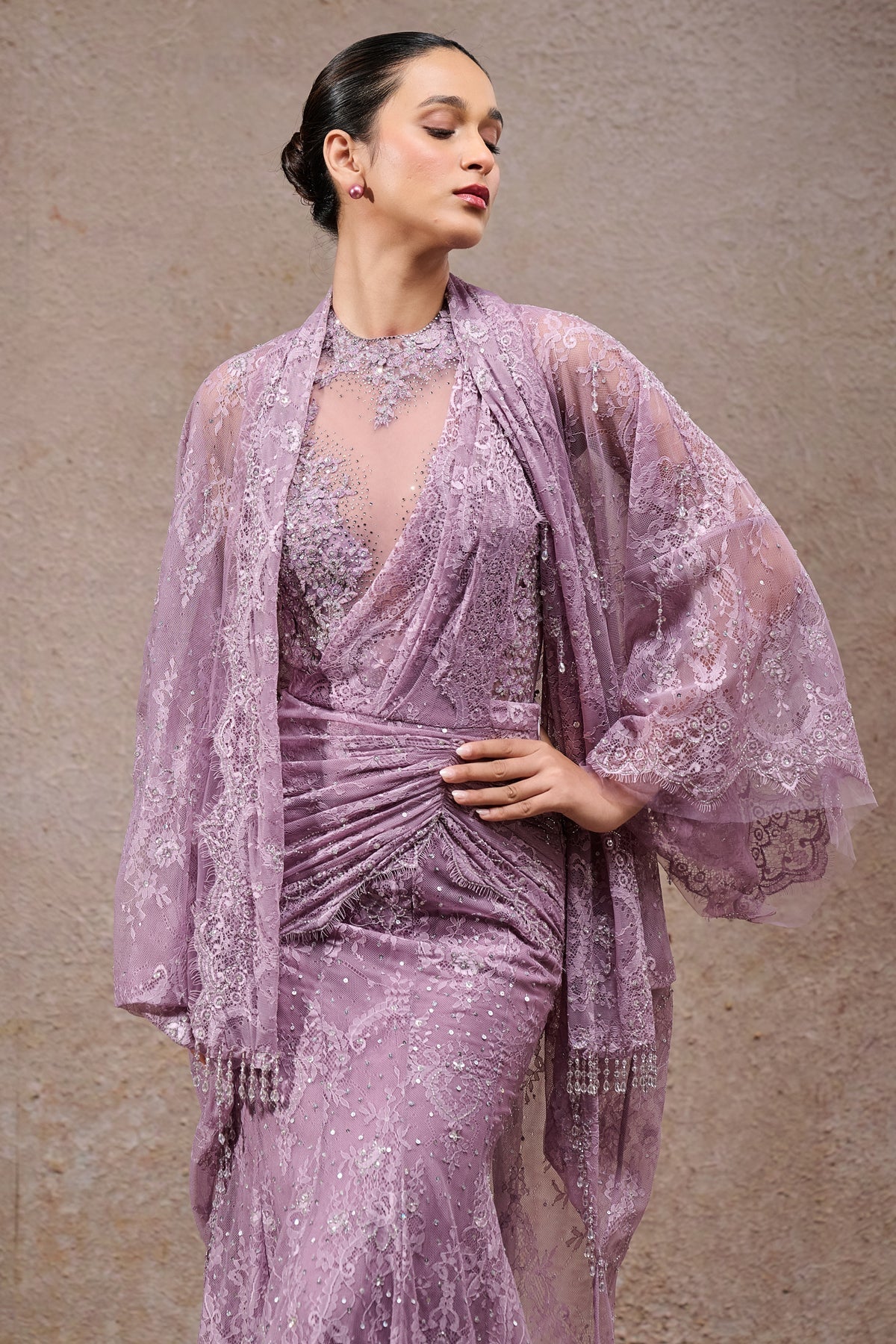 Golden Light Lace Concept Saree With Cape