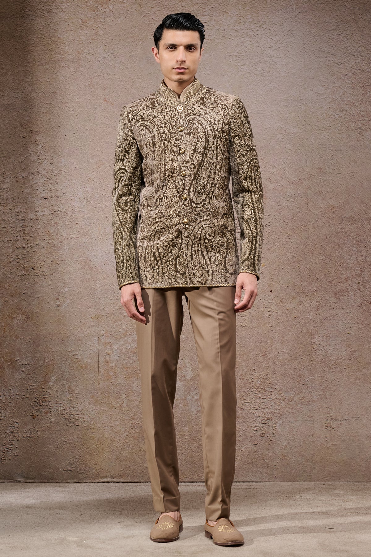 Paisley Embroidered Velvet Bandhgala Set