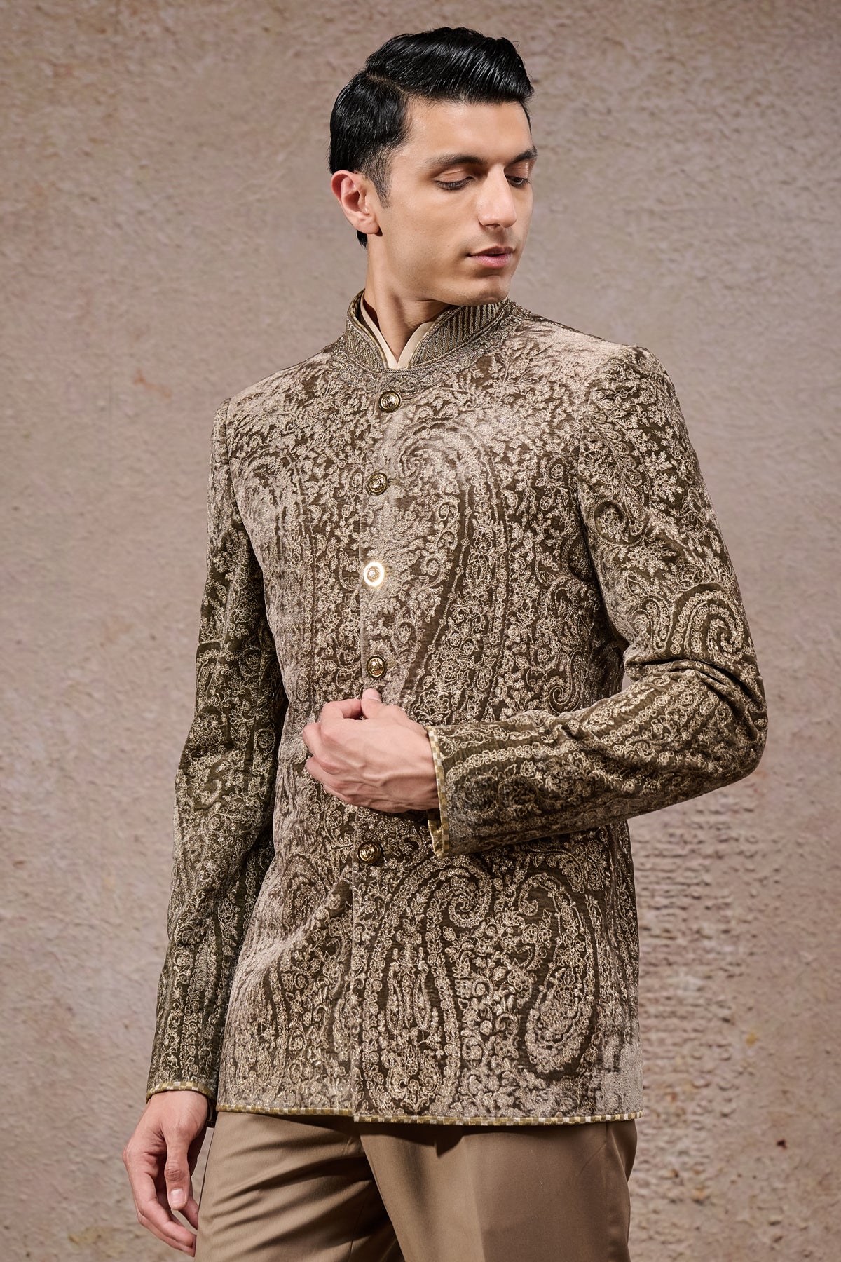 Paisley Embroidered Velvet Bandhgala Set