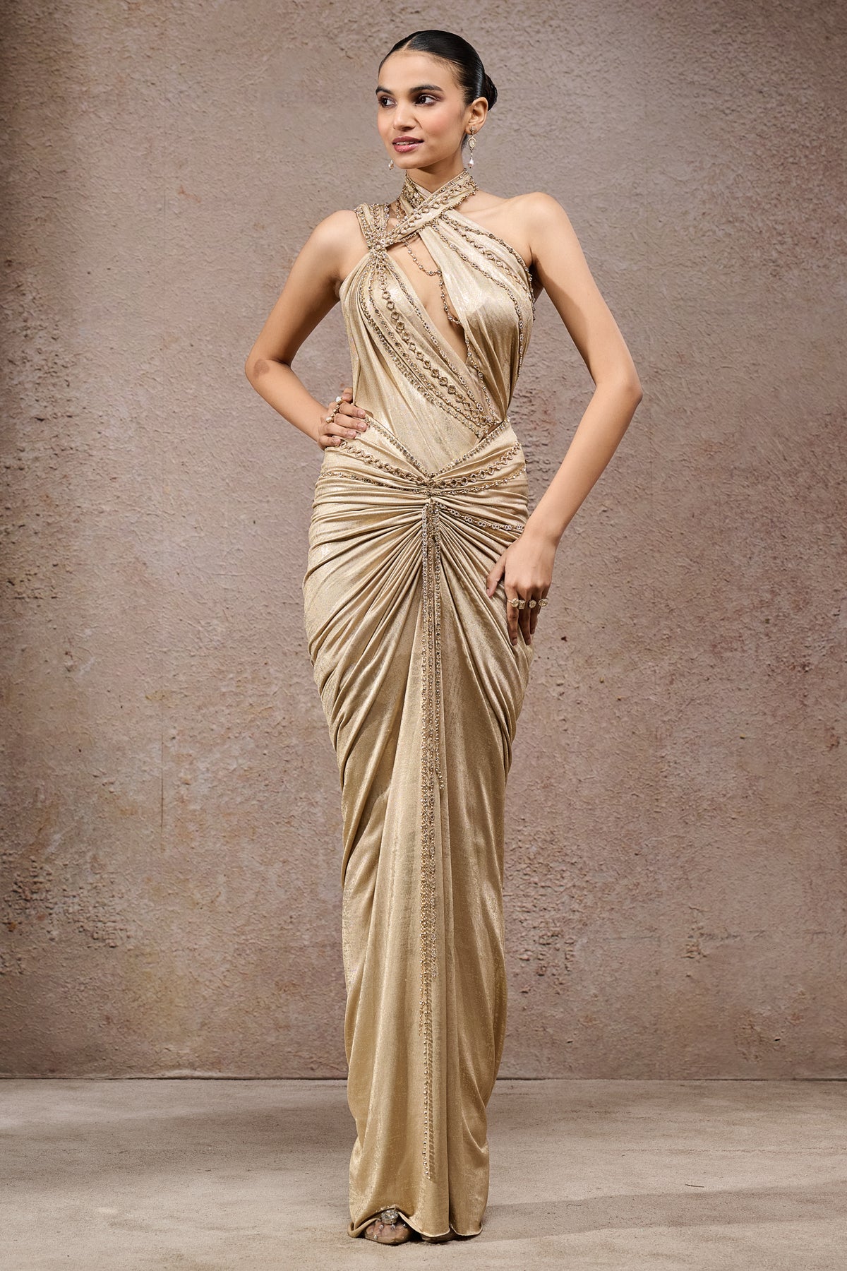 Gold Chain Draped Bodysuit & Skirt