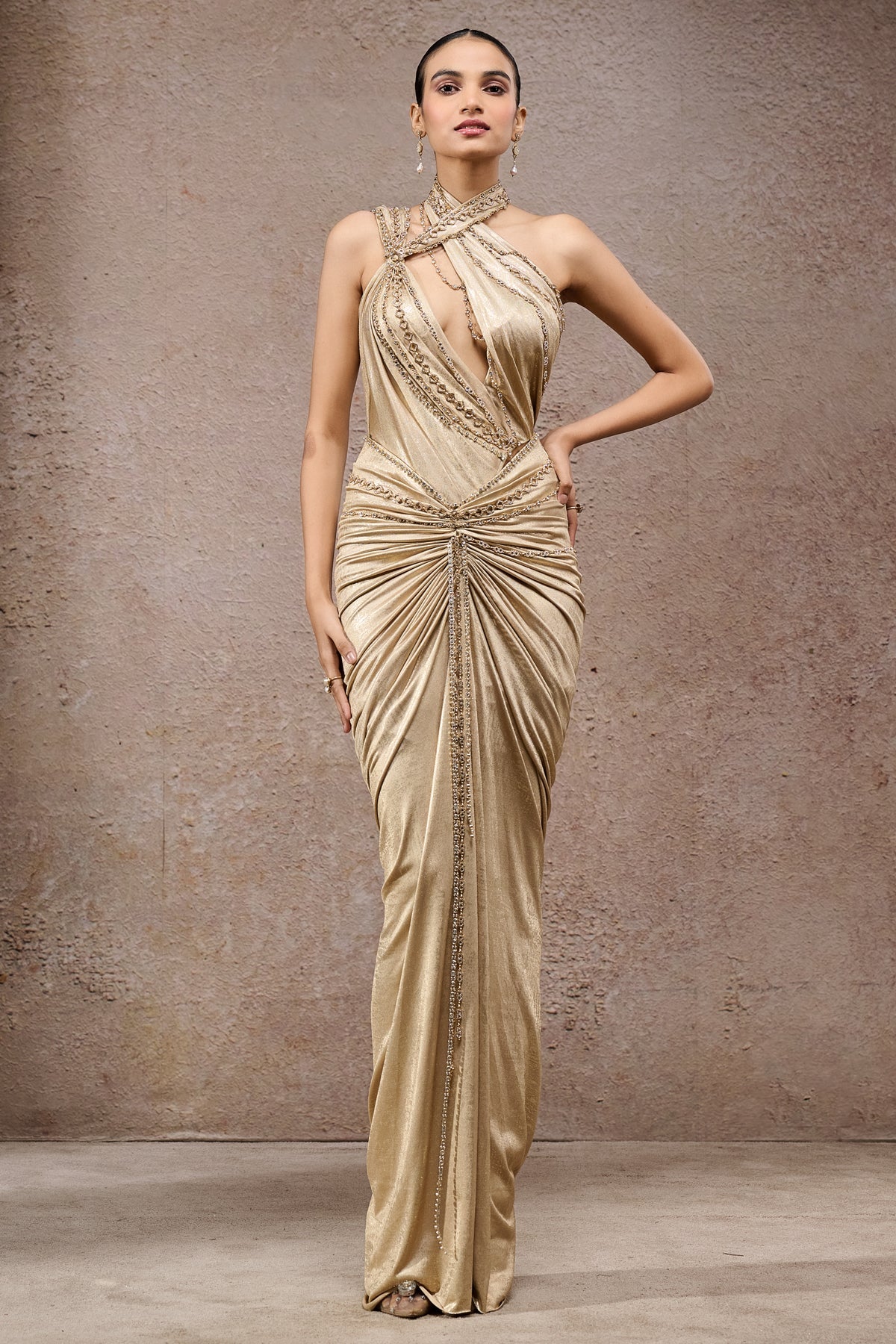 Gold Chain Draped Bodysuit & Skirt