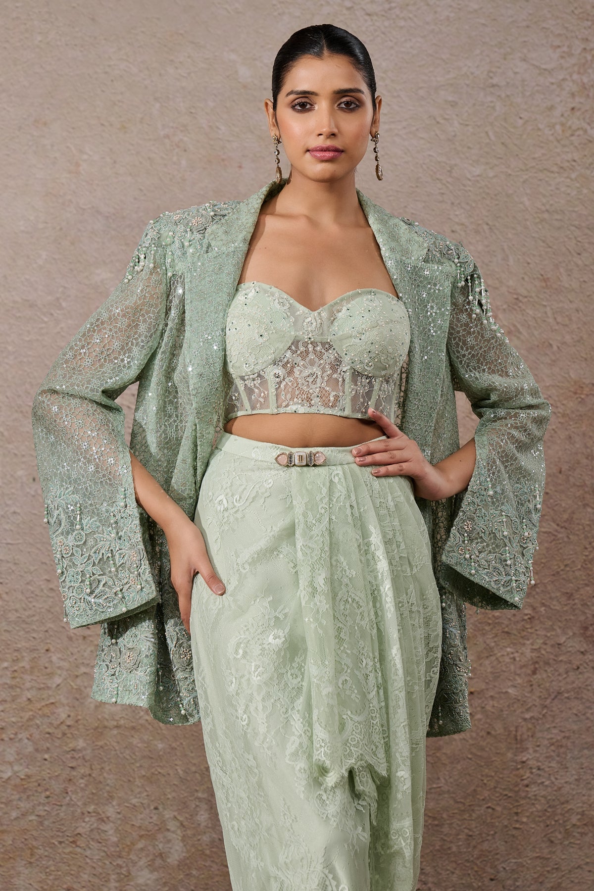 Hand Embroidered Sheer Jacket Co Ord Set