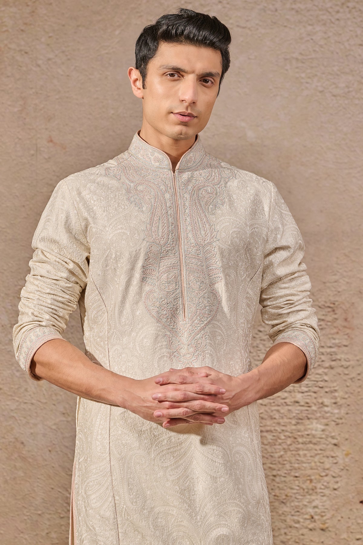 Self Textured Embroidered Kurta