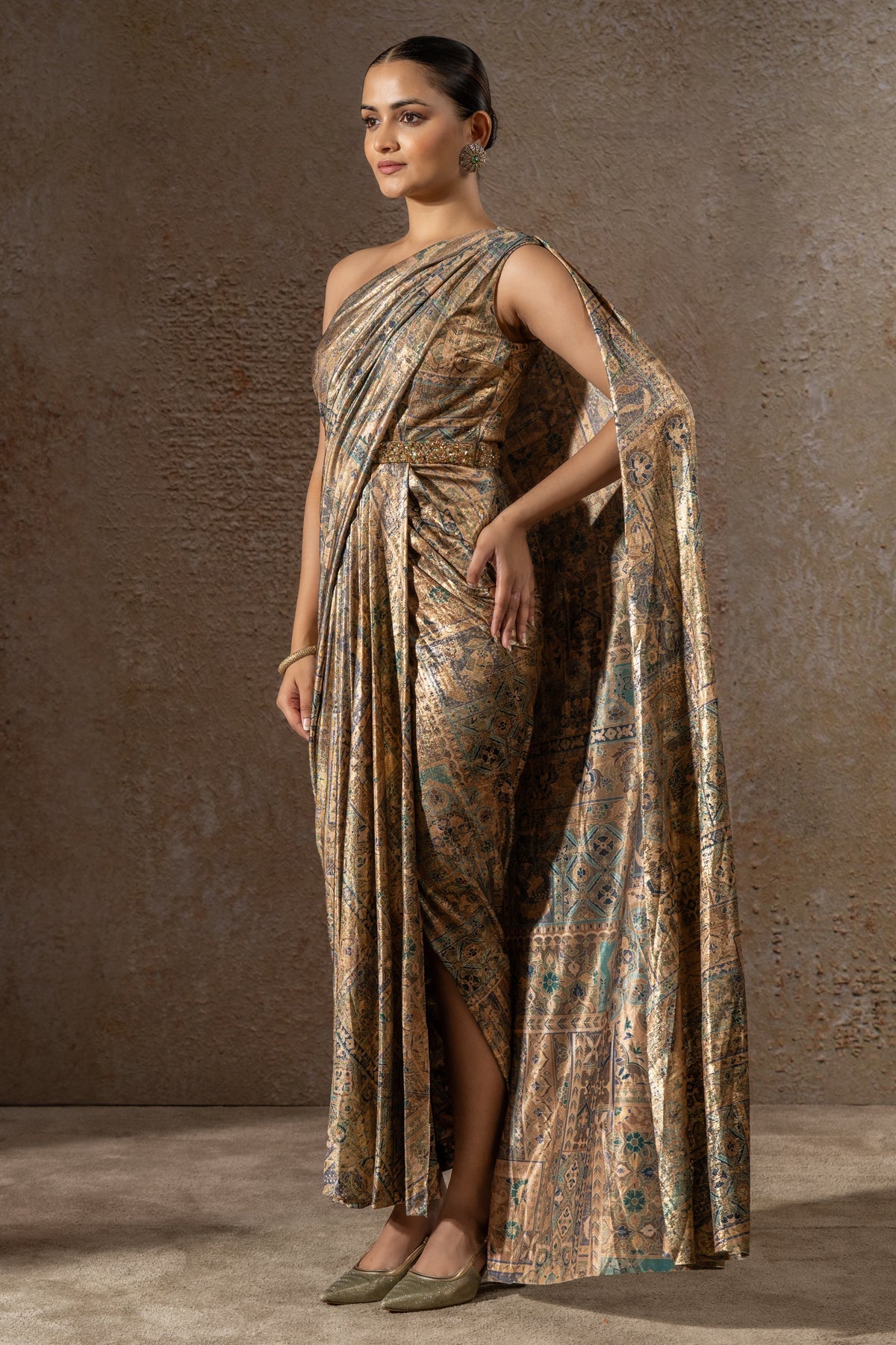 Golden Light Foil Jersey Classic Draped Dress