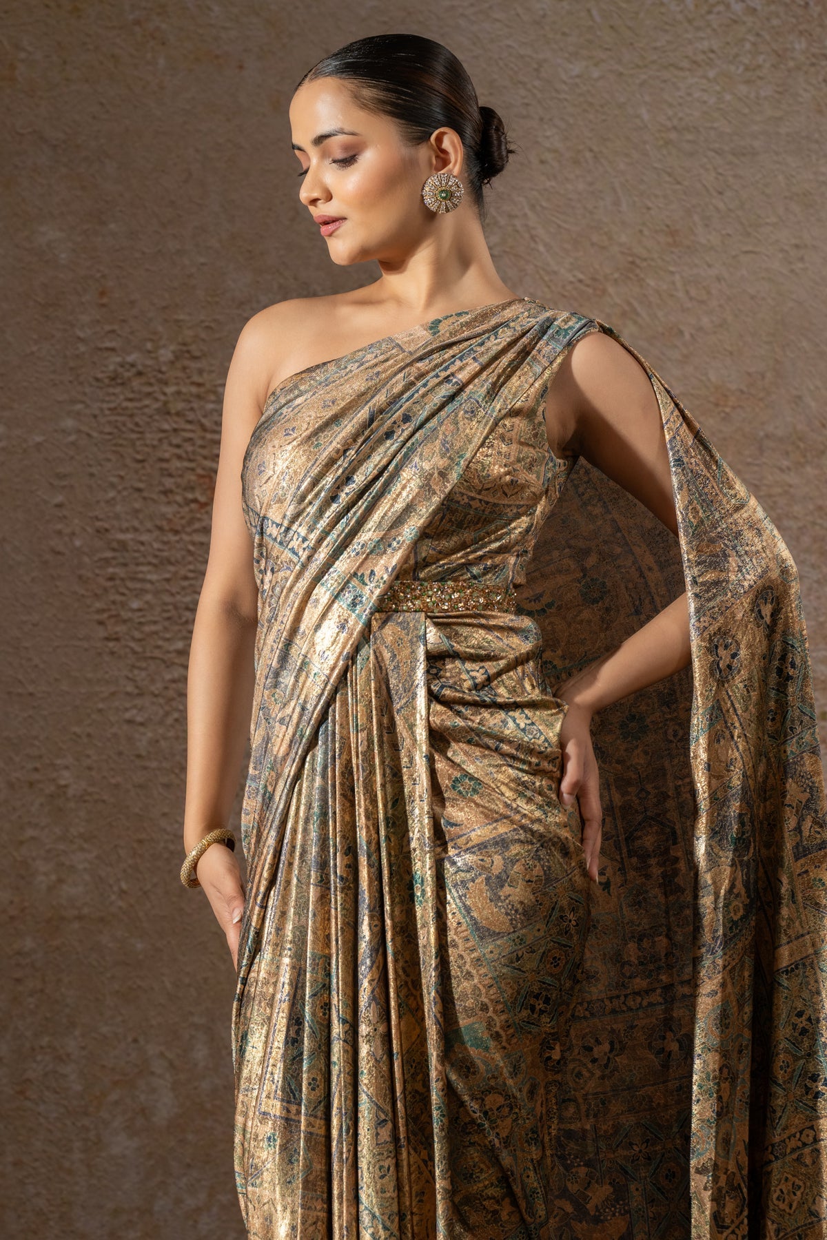Golden Light Foil Jersey Classic Draped Dress