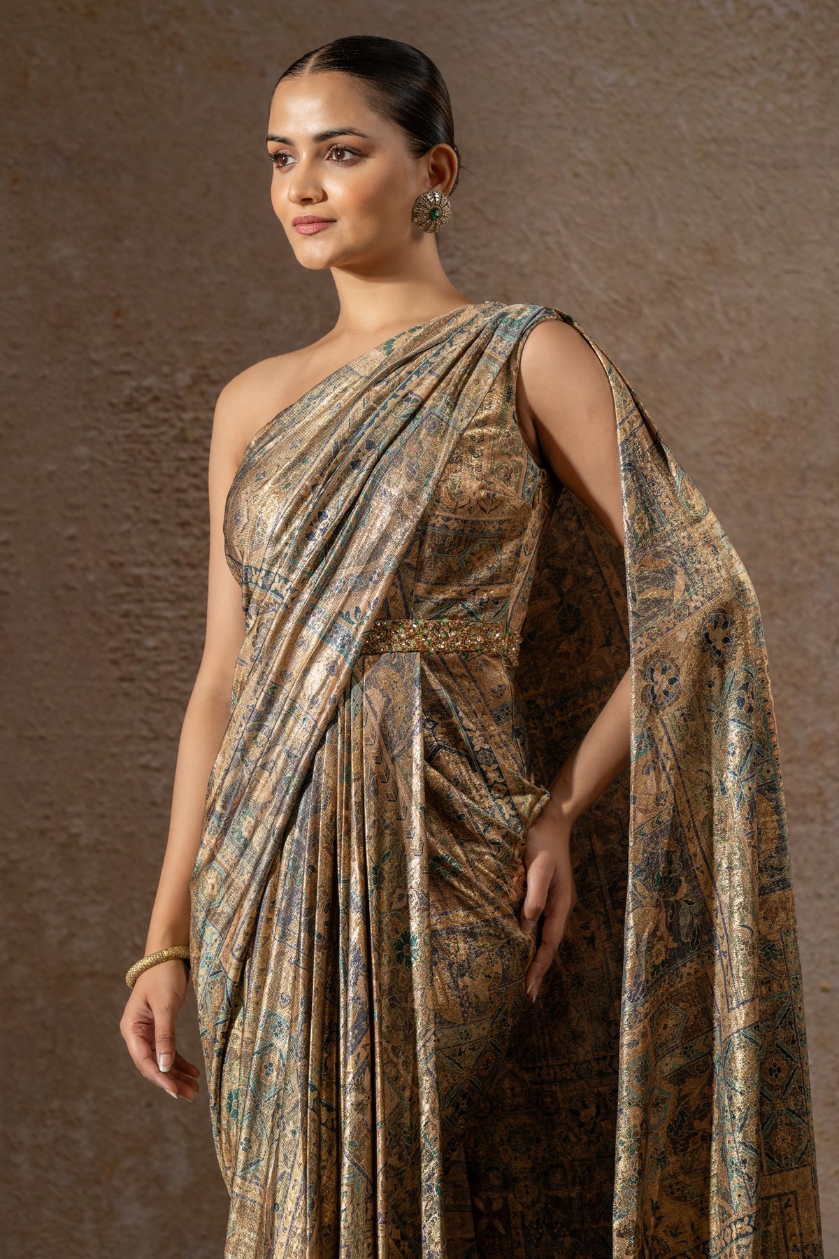 Golden Light Foil Jersey Classic Draped Dress