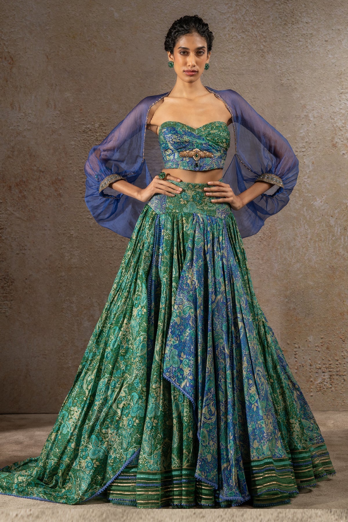 Tarun Tahiliani Golden Light Draped Textile Lehenga