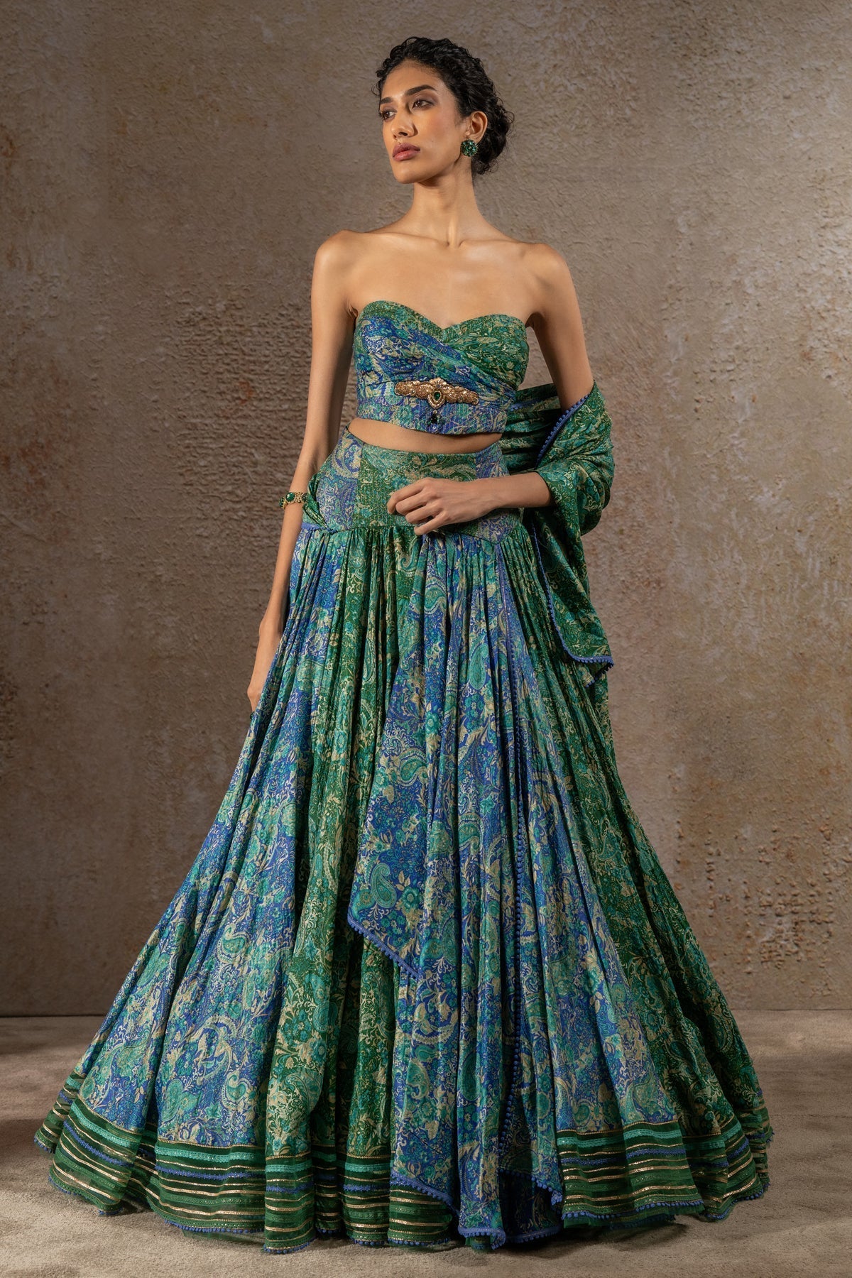Golden Light Draped Textile Lehenga