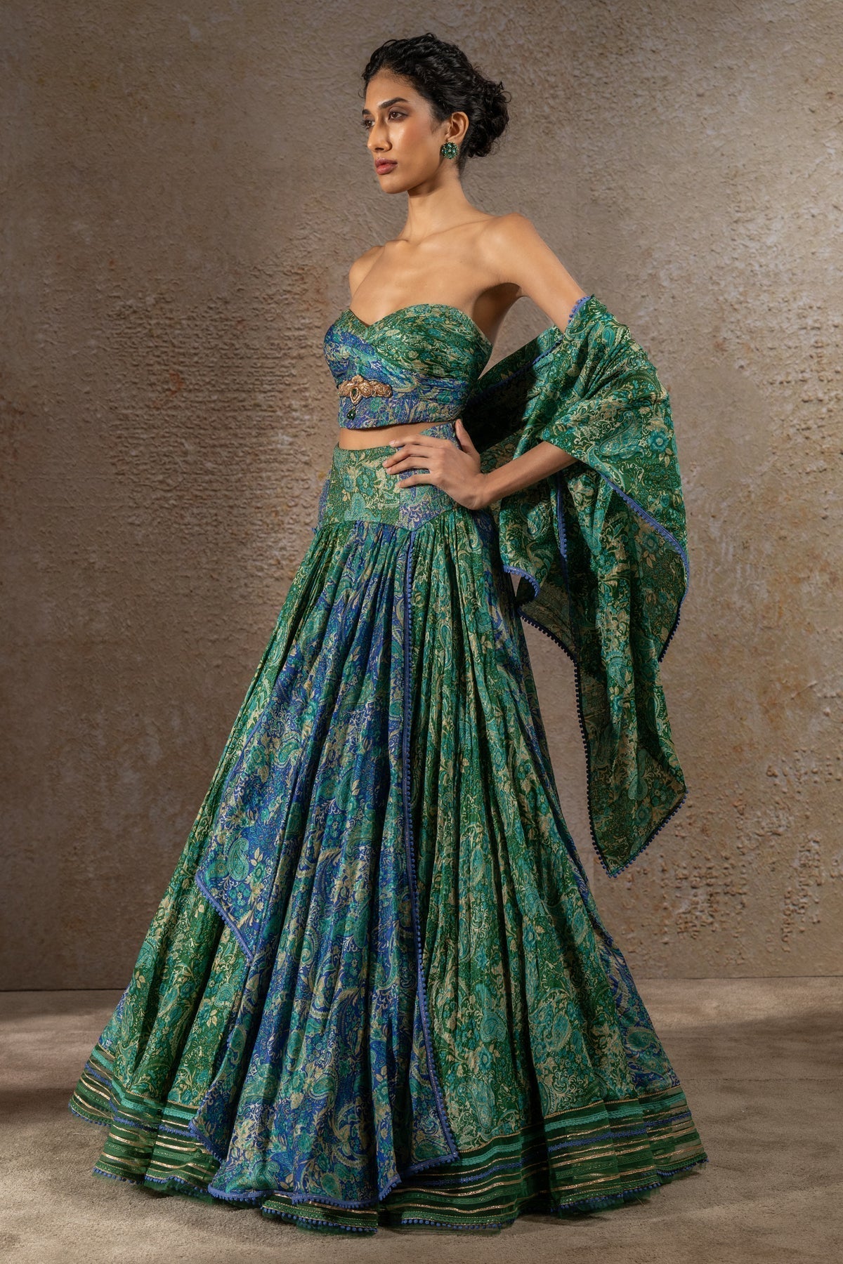 Golden Light Draped Textile Lehenga