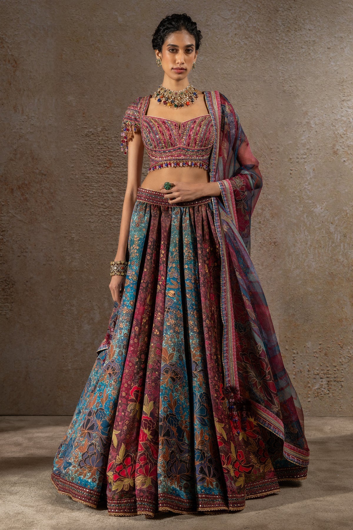 Golden Light Floral Printed Lehenga with Dupatta