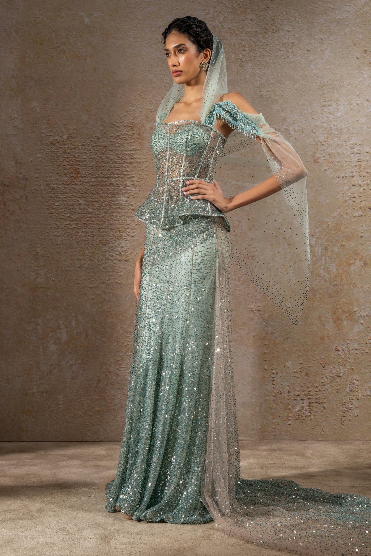 Crystal & Sequin Embroidered Lehenga Saree