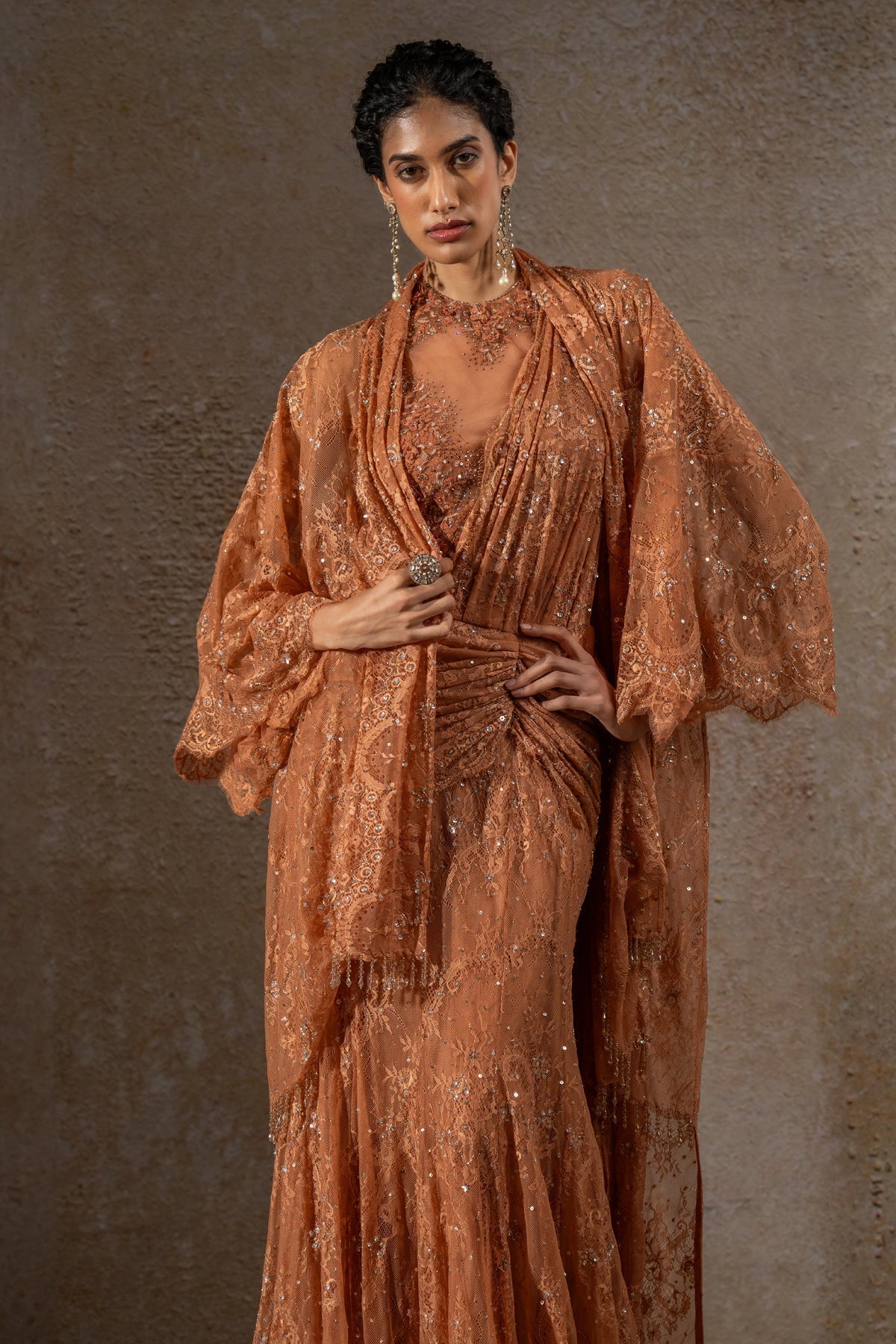 Golden Light Lace Concept Saree with Cape