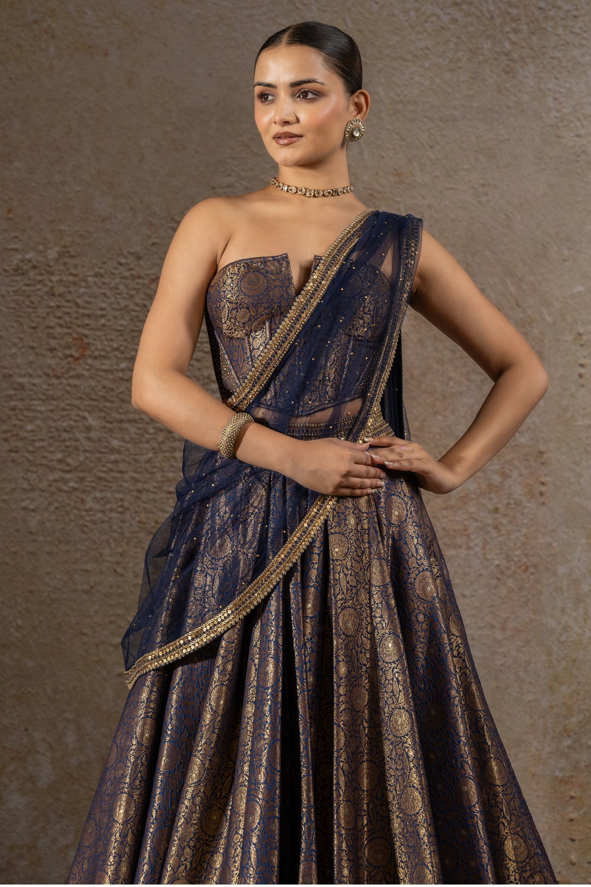 Golden Light Brocade Lehenga & Corset Set