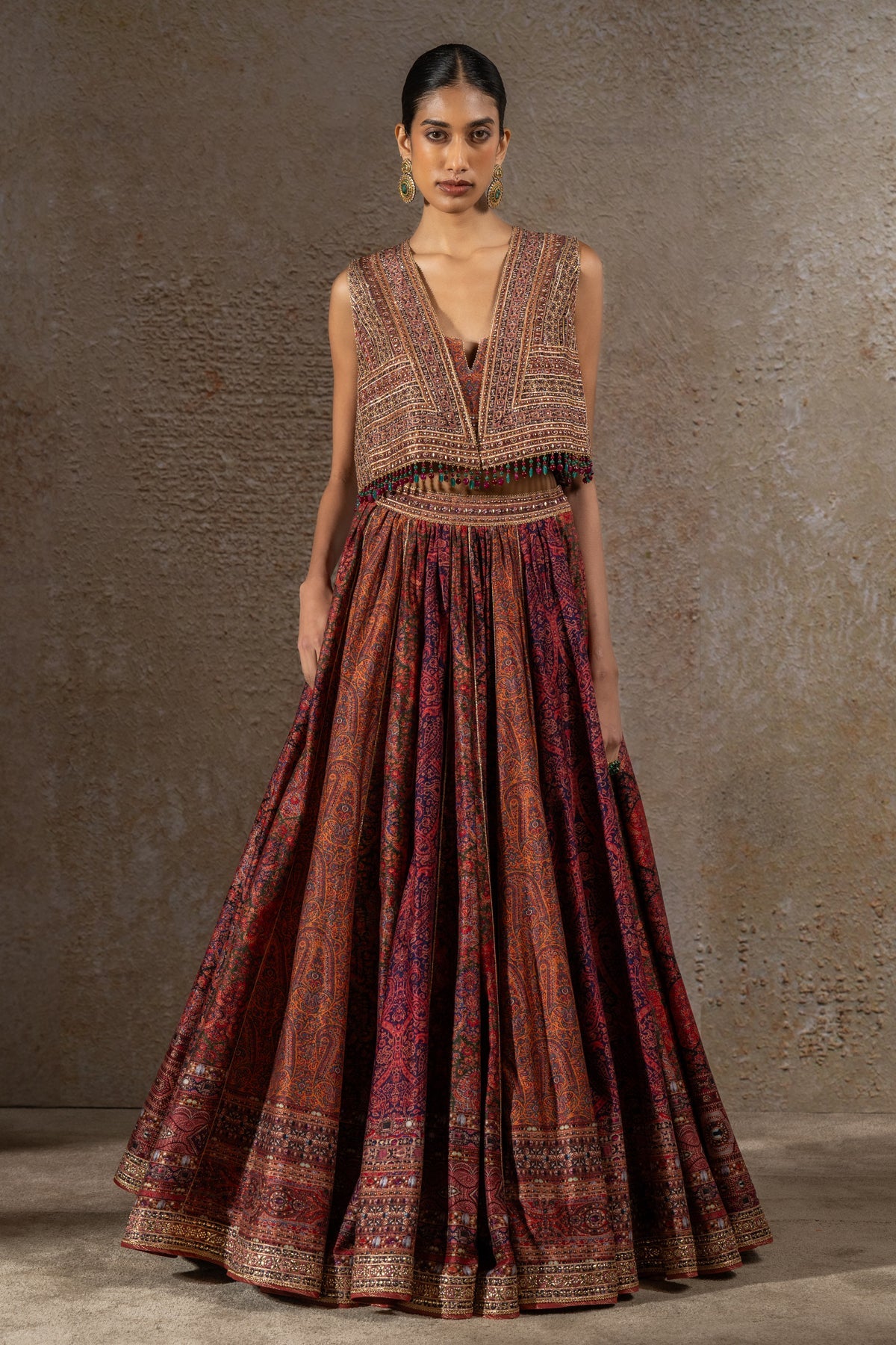 Printed lehenga and Gilet set