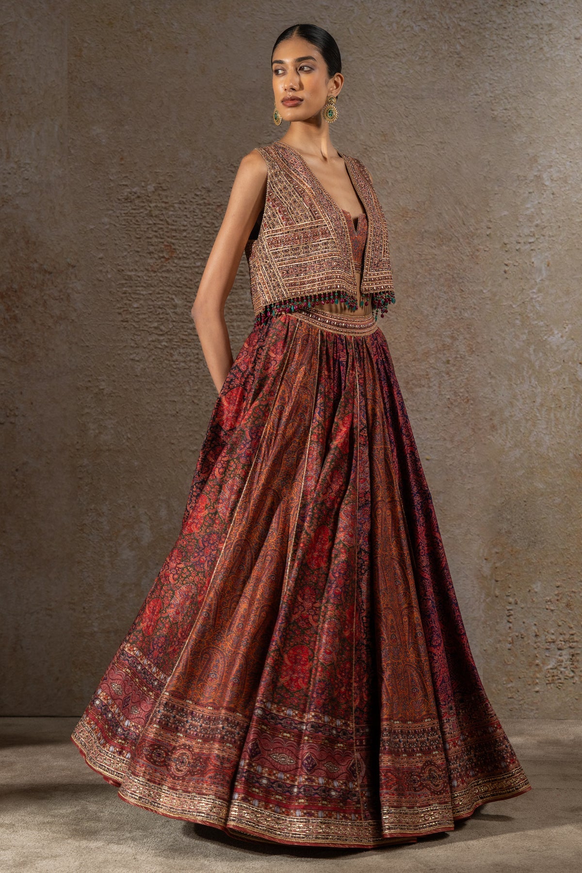 Printed lehenga and Gilet set