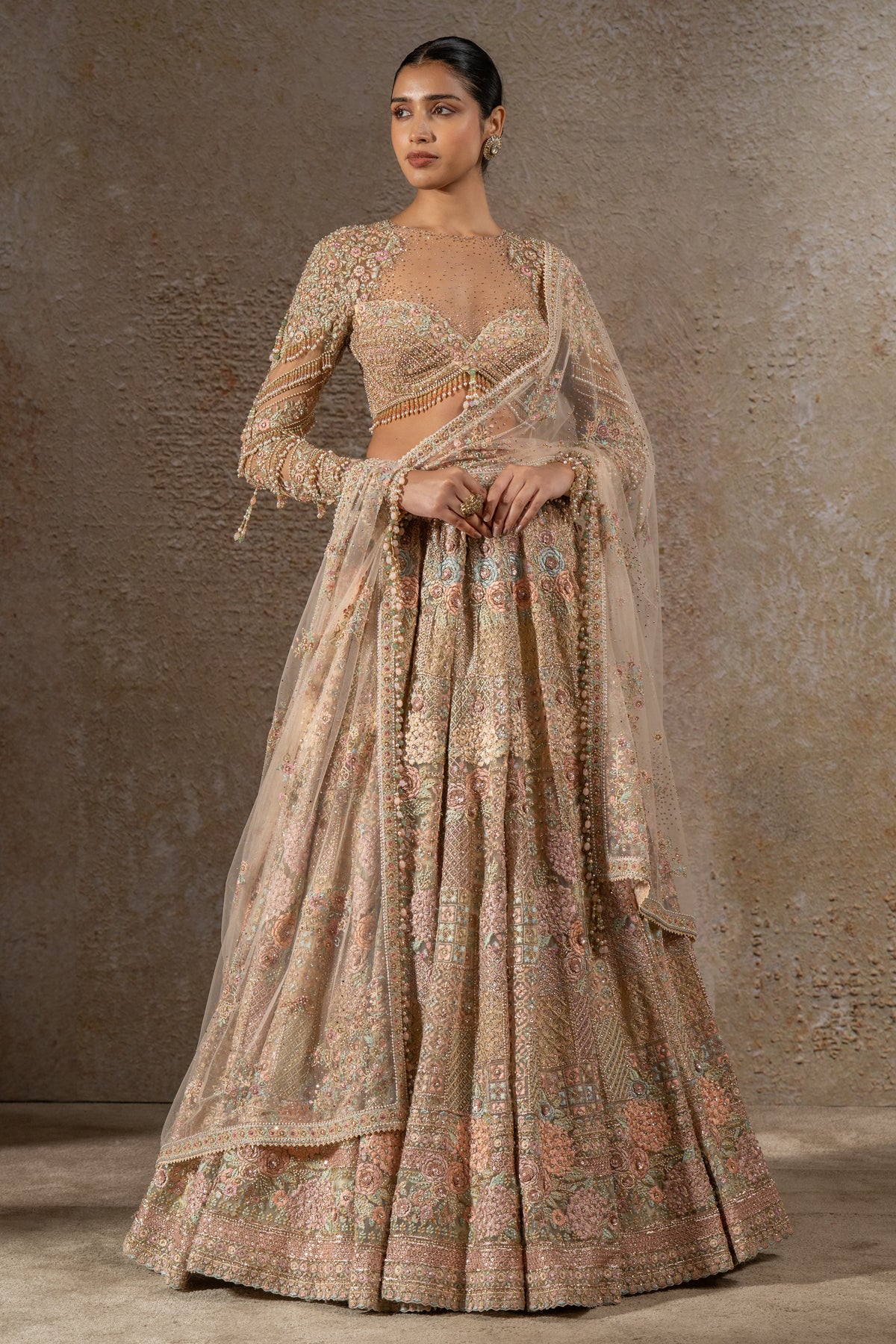 Hand Embroidered Floral Lehenga Set with Drape