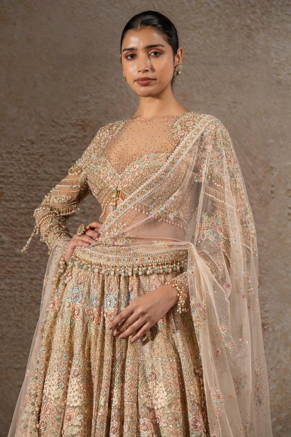 Hand Embroidered Floral Lehenga Set with Drape