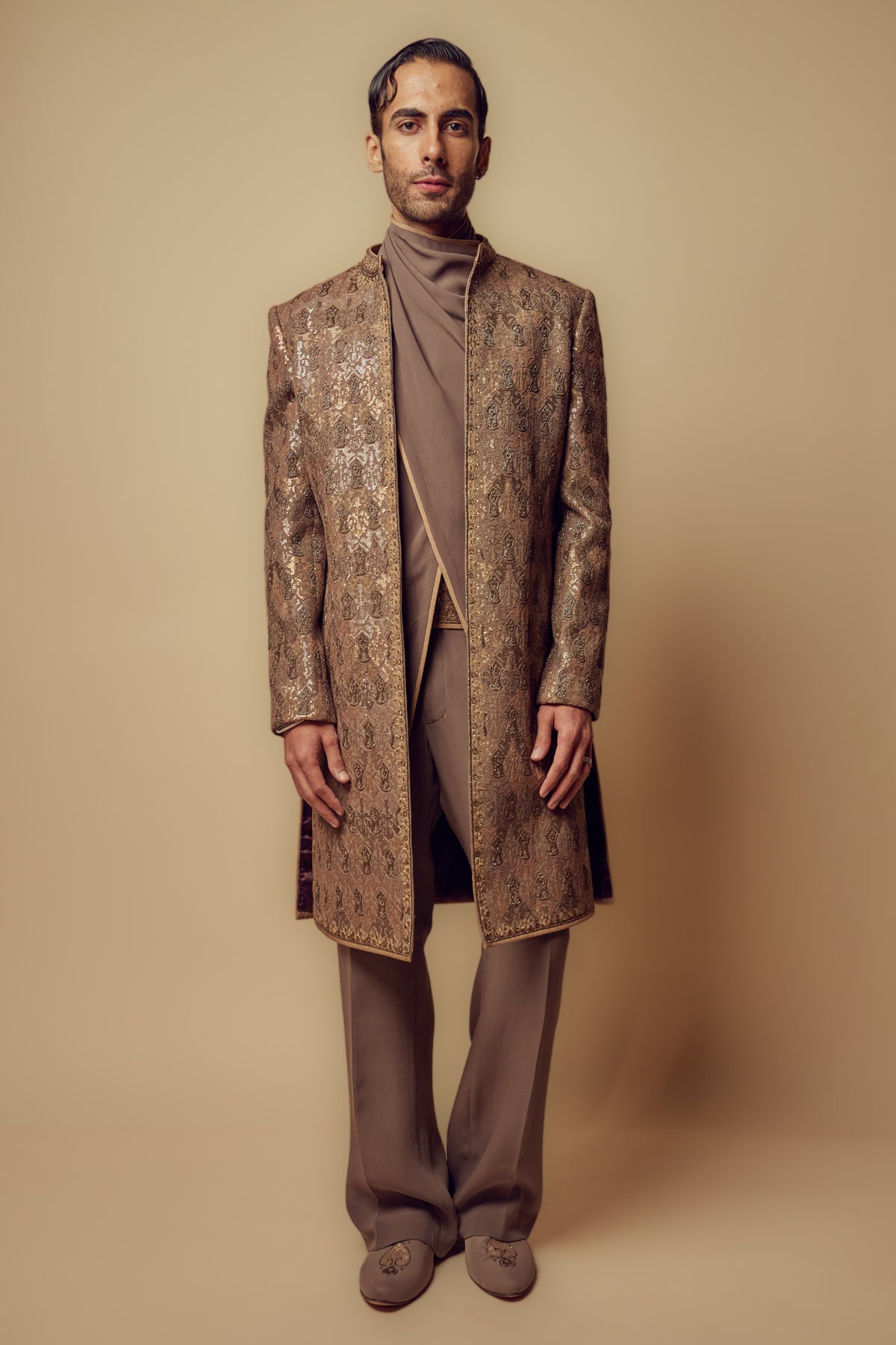 Art Deco Sherwani Set In Gun Metal
